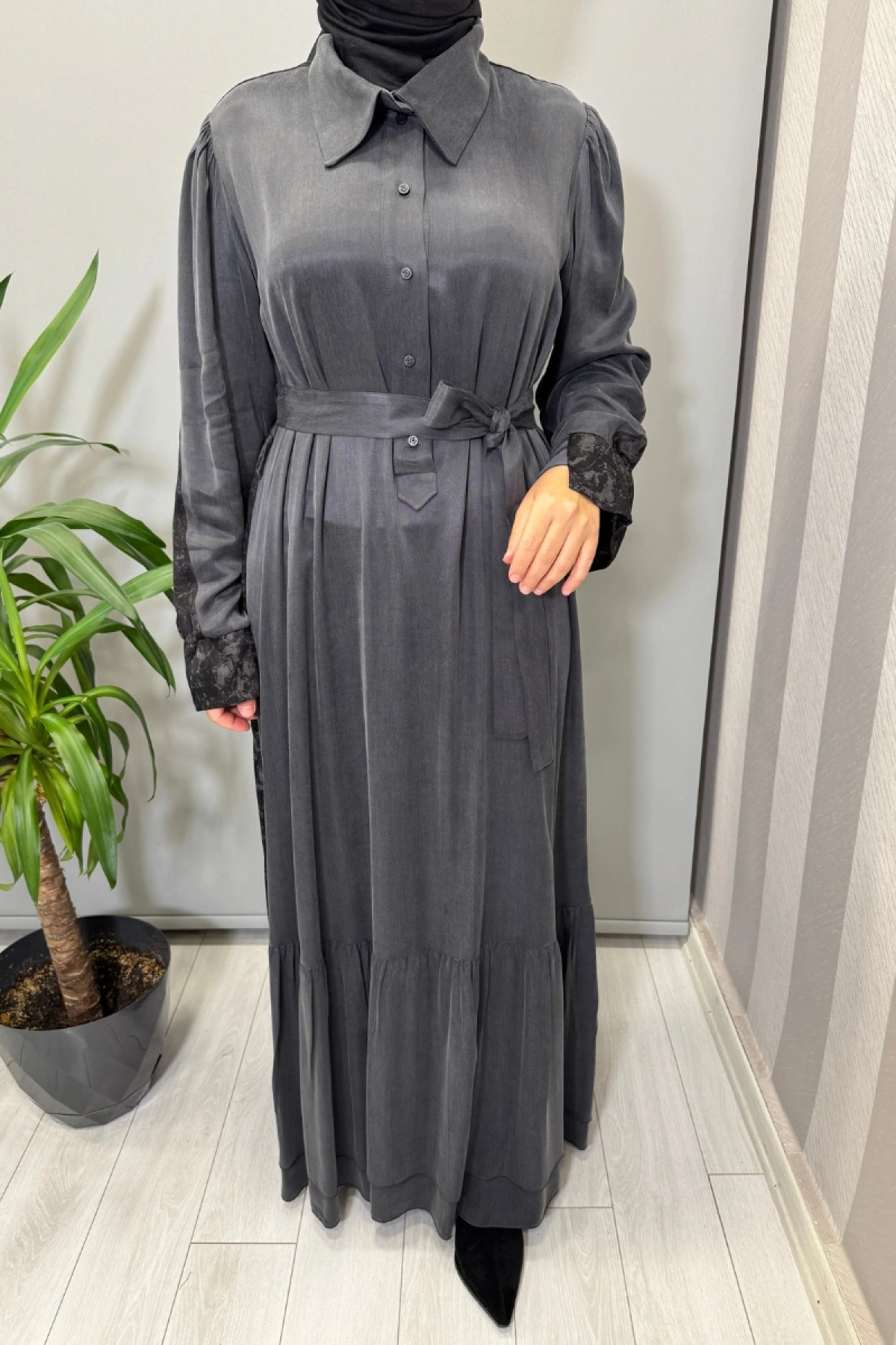 Misswhence Arkası Desenli Cupra İpek Elbise Gri 38827