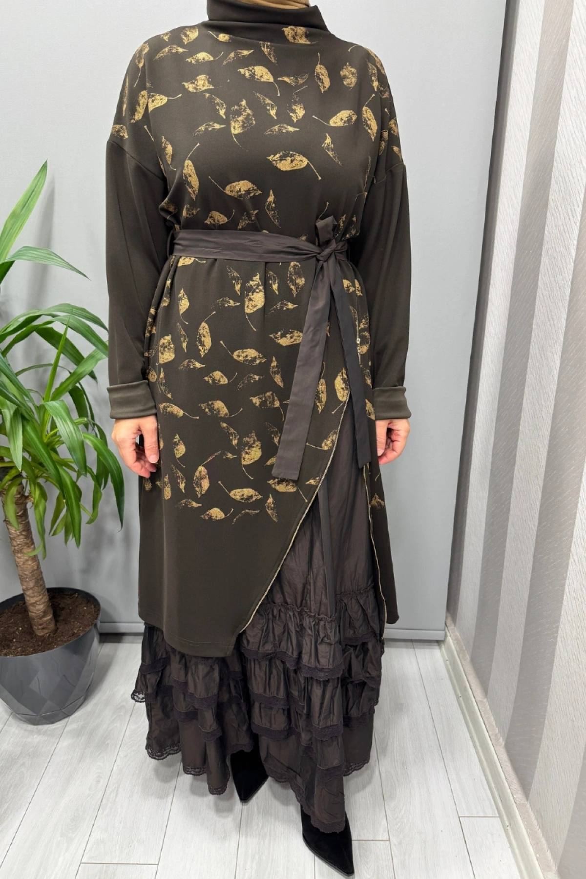 Misswhence Baskı Detaylı İkili Triko Elbise Kahve 38810