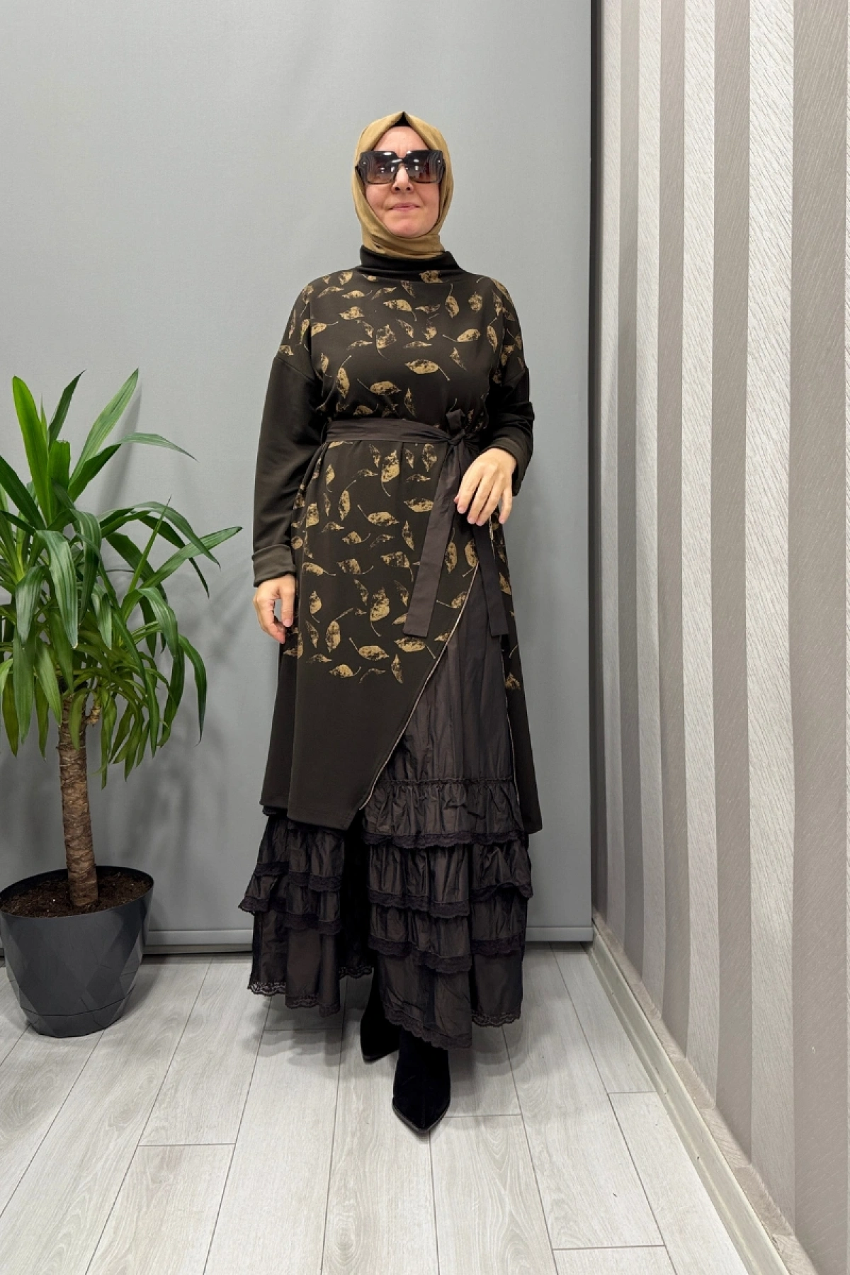 Misswhence Baskı Detaylı İkili Triko Elbise Kahve 38810