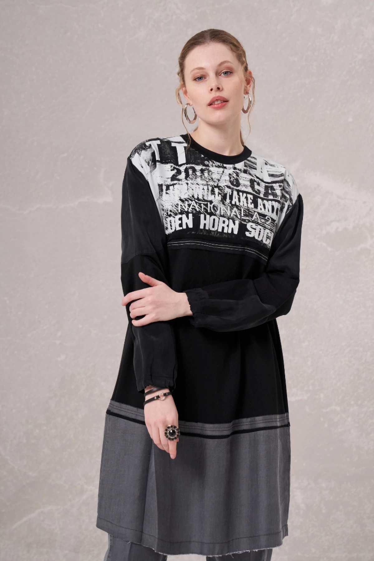 Misswhence Baskılı Penye Tunik Siyah 35002