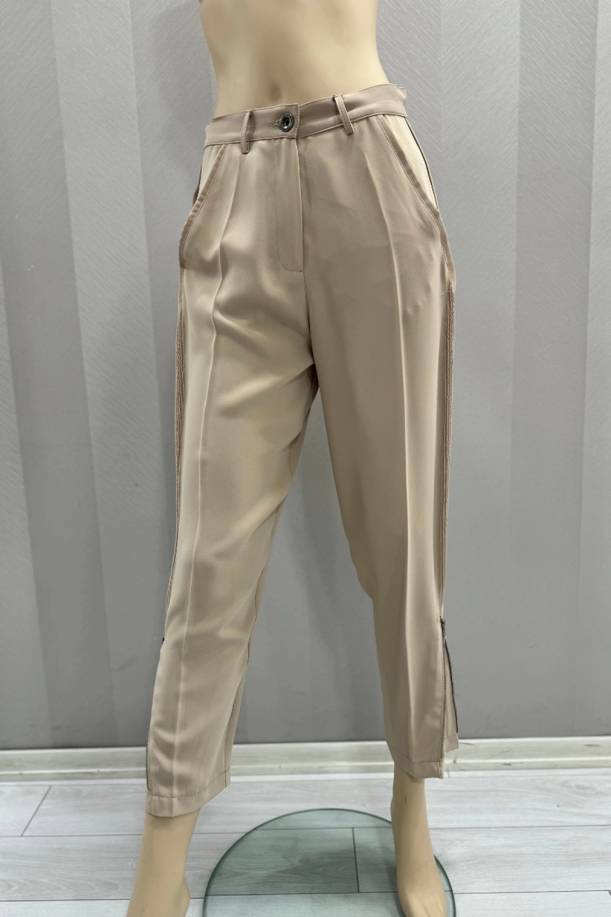 MissWhence Gathered and Zipper Detailed Fabric Pants-Stone 31115