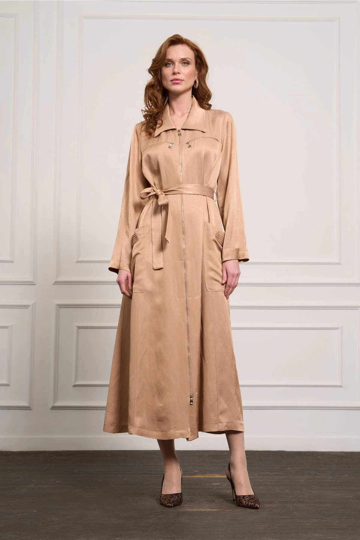 Misswhence Cep ve Fermuar Detaylı Chanel Keten Pardesü Camel 37515
