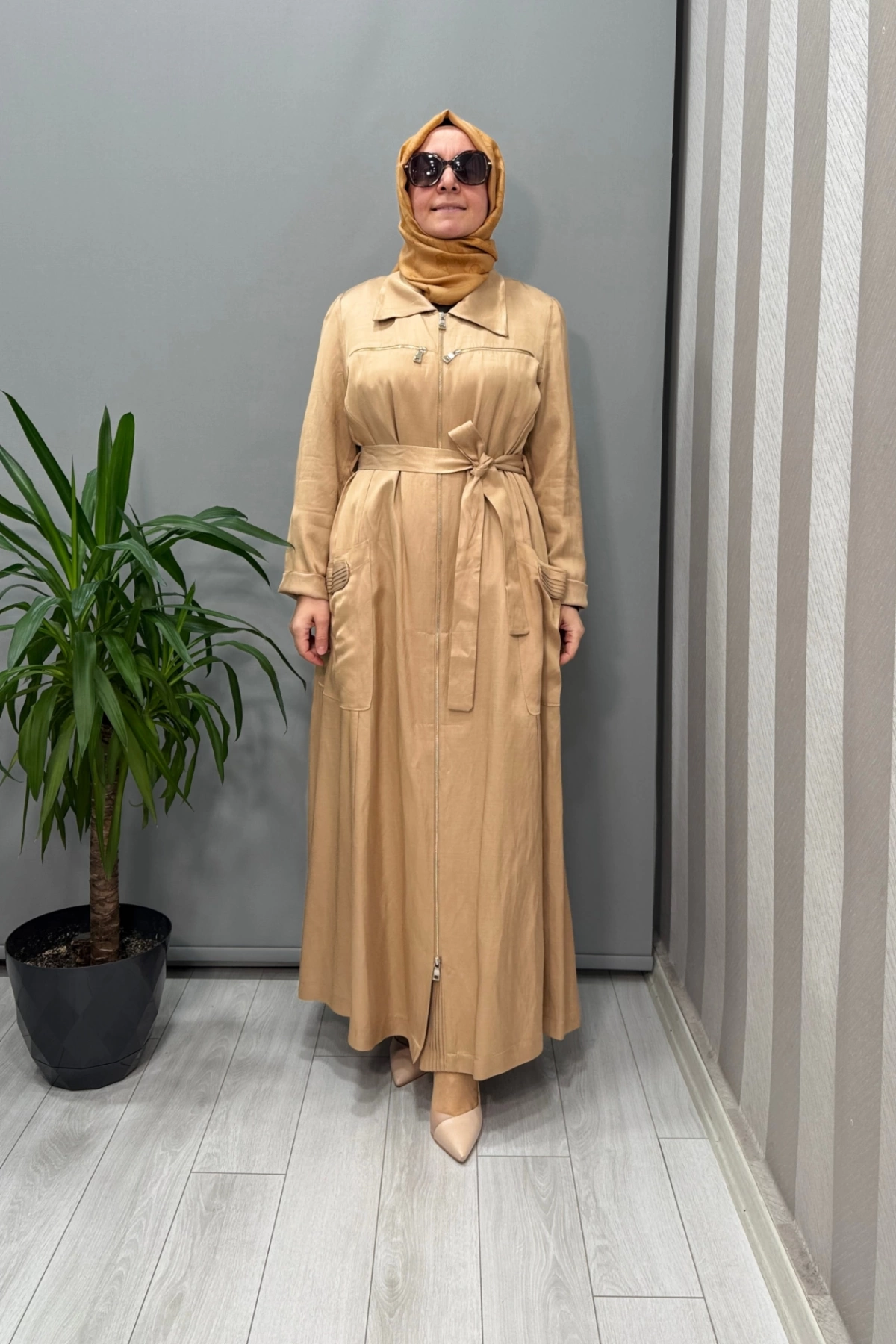 Misswhence Cep ve Fermuar Detaylı Chanel Keten Pardesü Camel 37515
