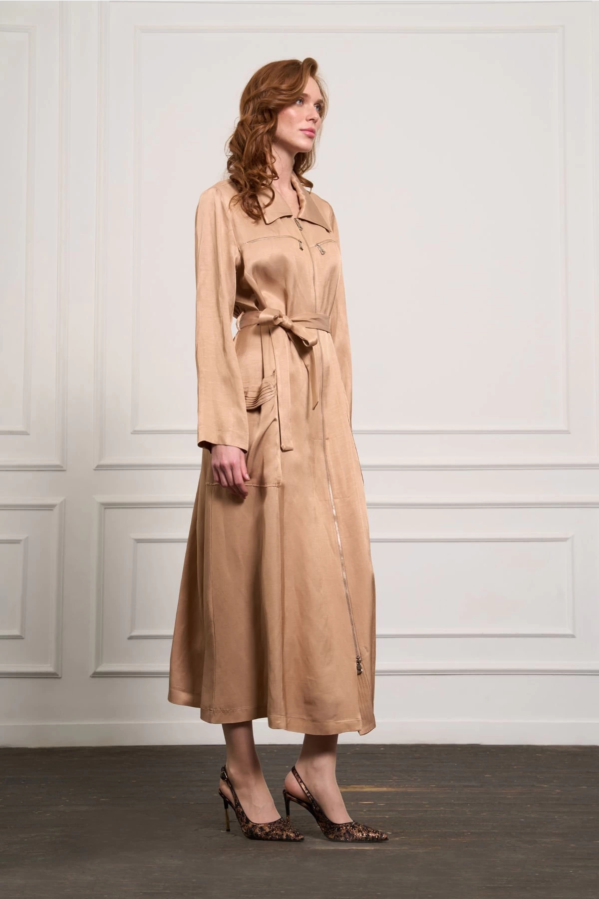 Misswhence Cep ve Fermuar Detaylı Chanel Keten Pardesü Camel 37515