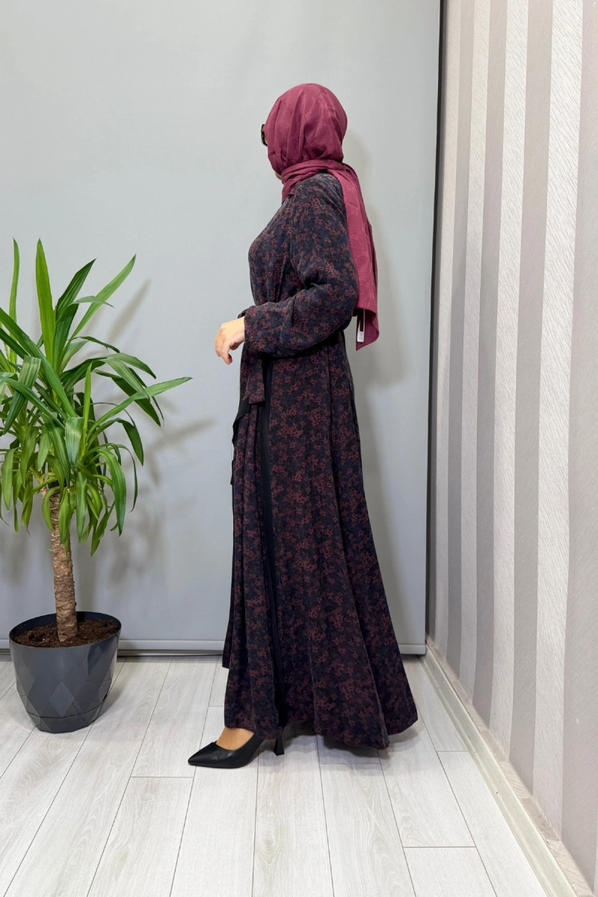 Misswhence Çiçek Desenli Cupra İpek Elbise Bordo 38829