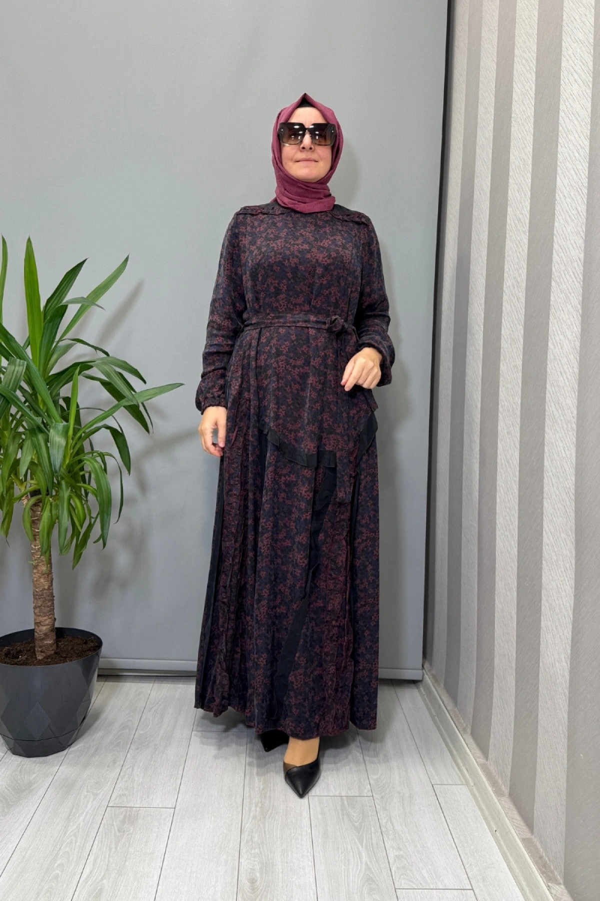 Misswhence Çiçek Desenli Cupra İpek Elbise Bordo 38829