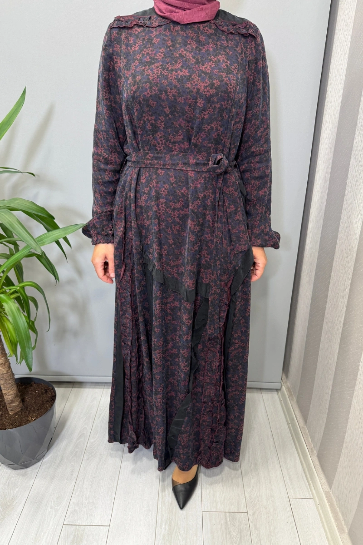 Misswhence Çiçek Desenli Cupra İpek Elbise Bordo 38829