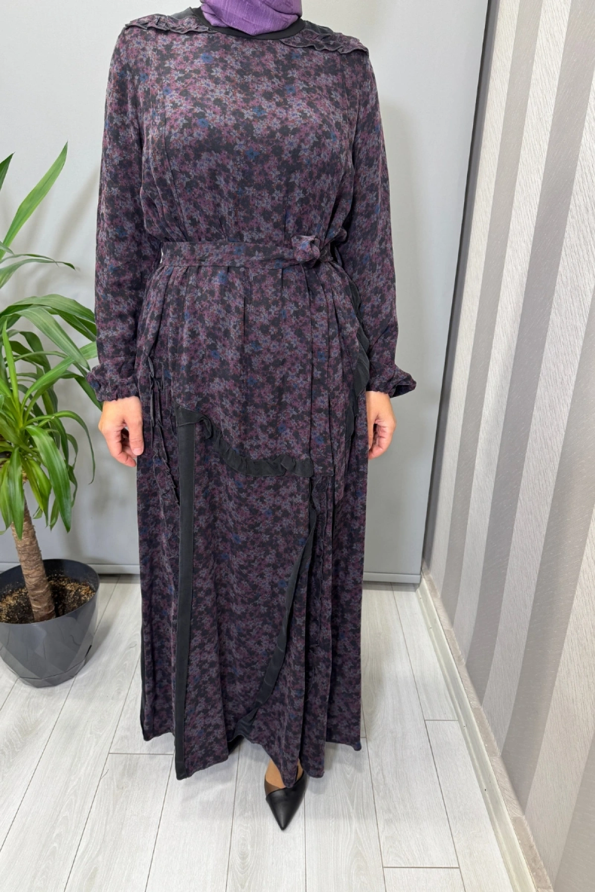 Misswhence Çiçek Desenli Cupra İpek Elbise Mor 38829