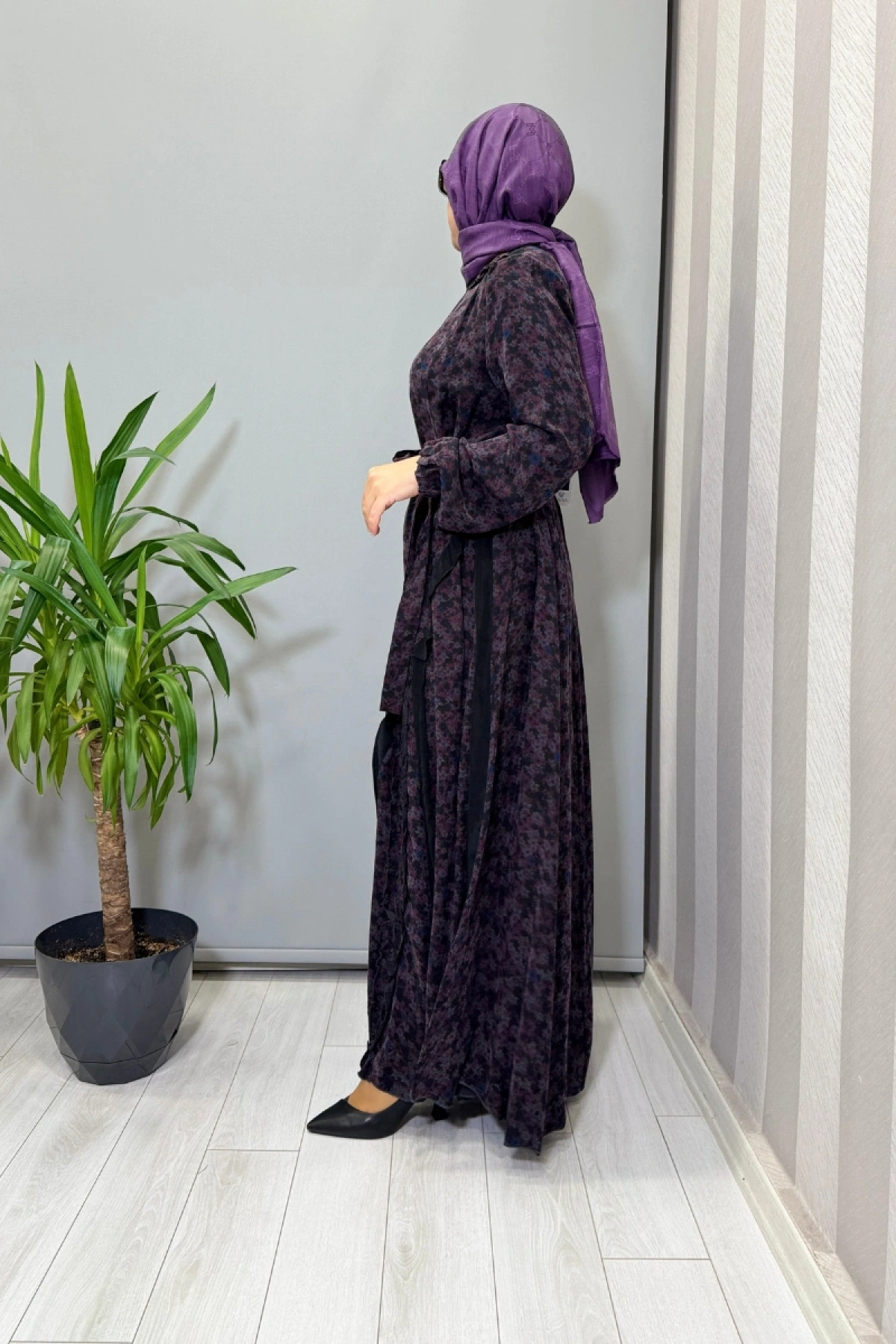 Misswhence Çiçek Desenli Cupra İpek Elbise Mor 38829