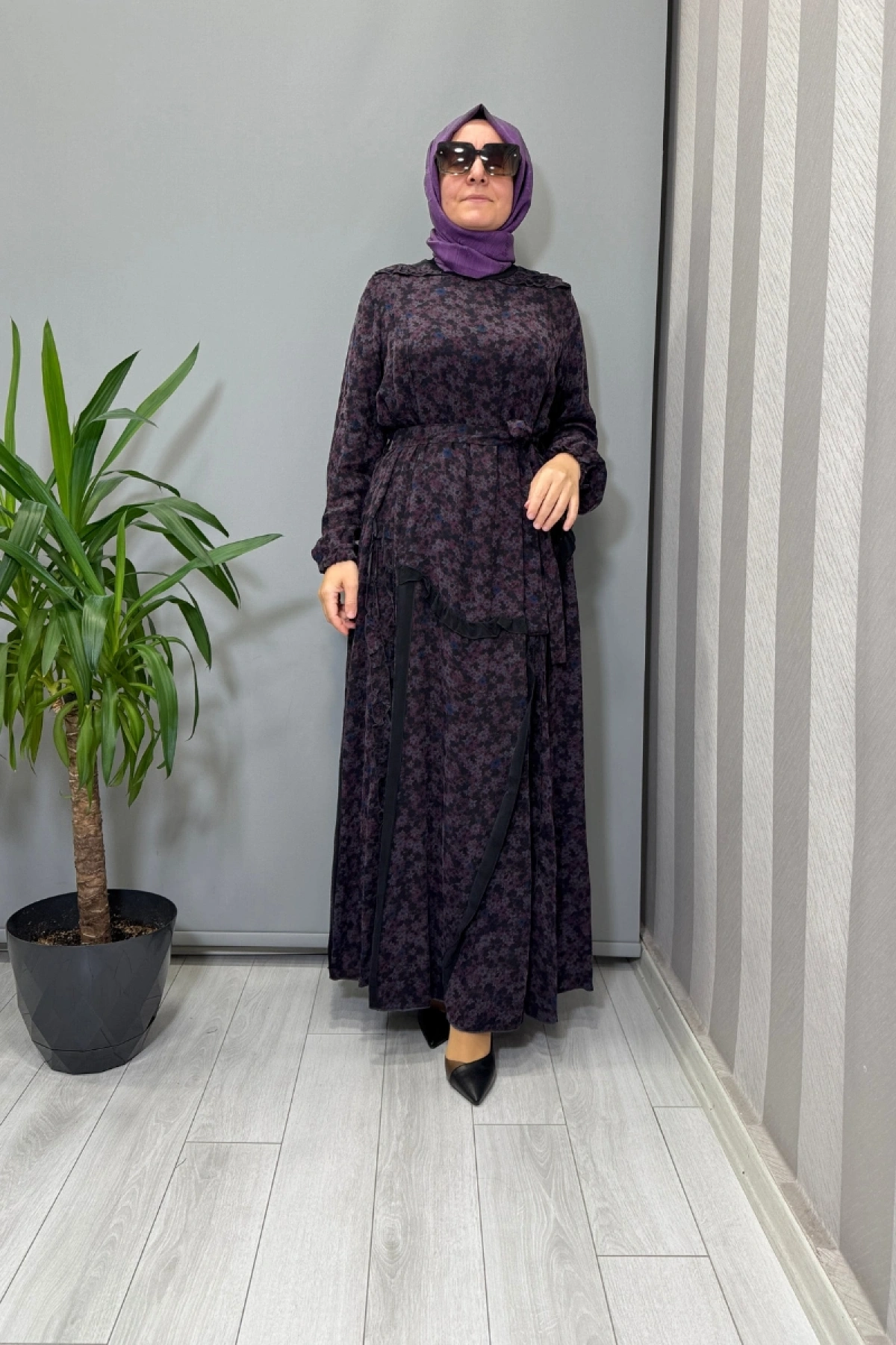 Misswhence Çiçek Desenli Cupra İpek Elbise Mor 38829