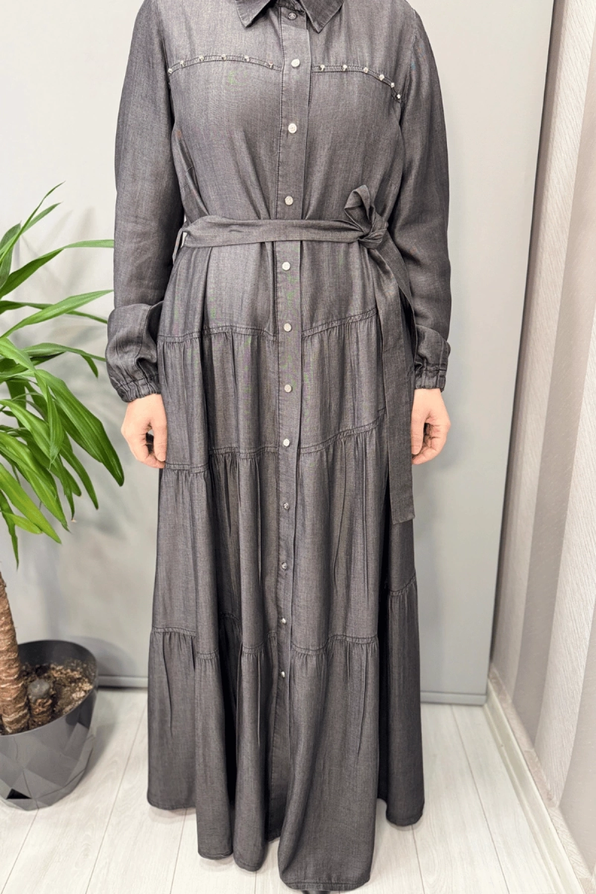 Misswhence Çıtçıtlı Tensel Kot Elbise Gri 37842