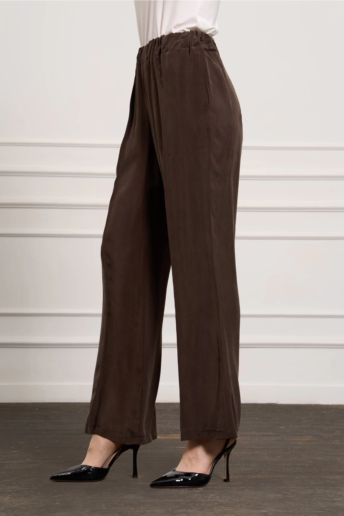 Misswhence Cupro İpek Bol Pantolon Kahve 37110