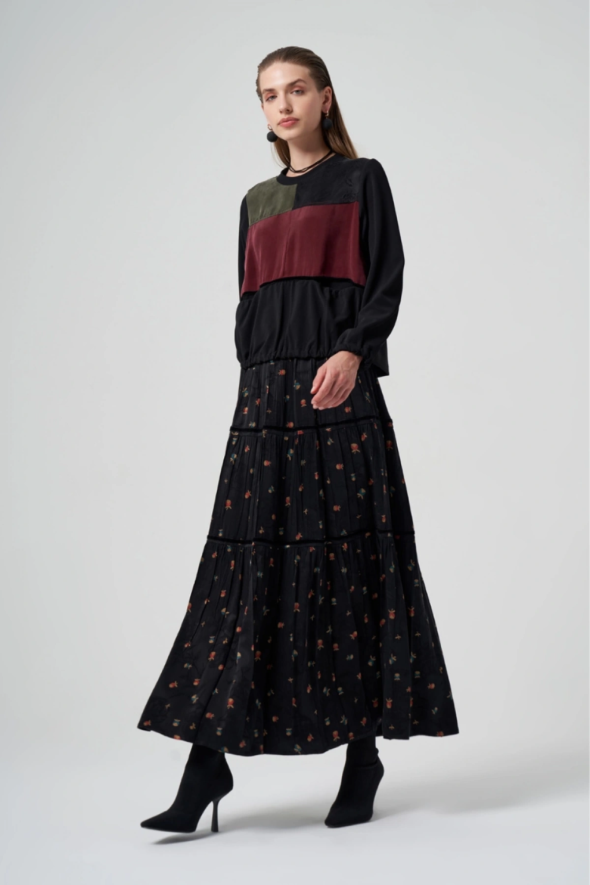 MissWhence Cupro İpek Patchwork Tunik Takım Siyah 36005