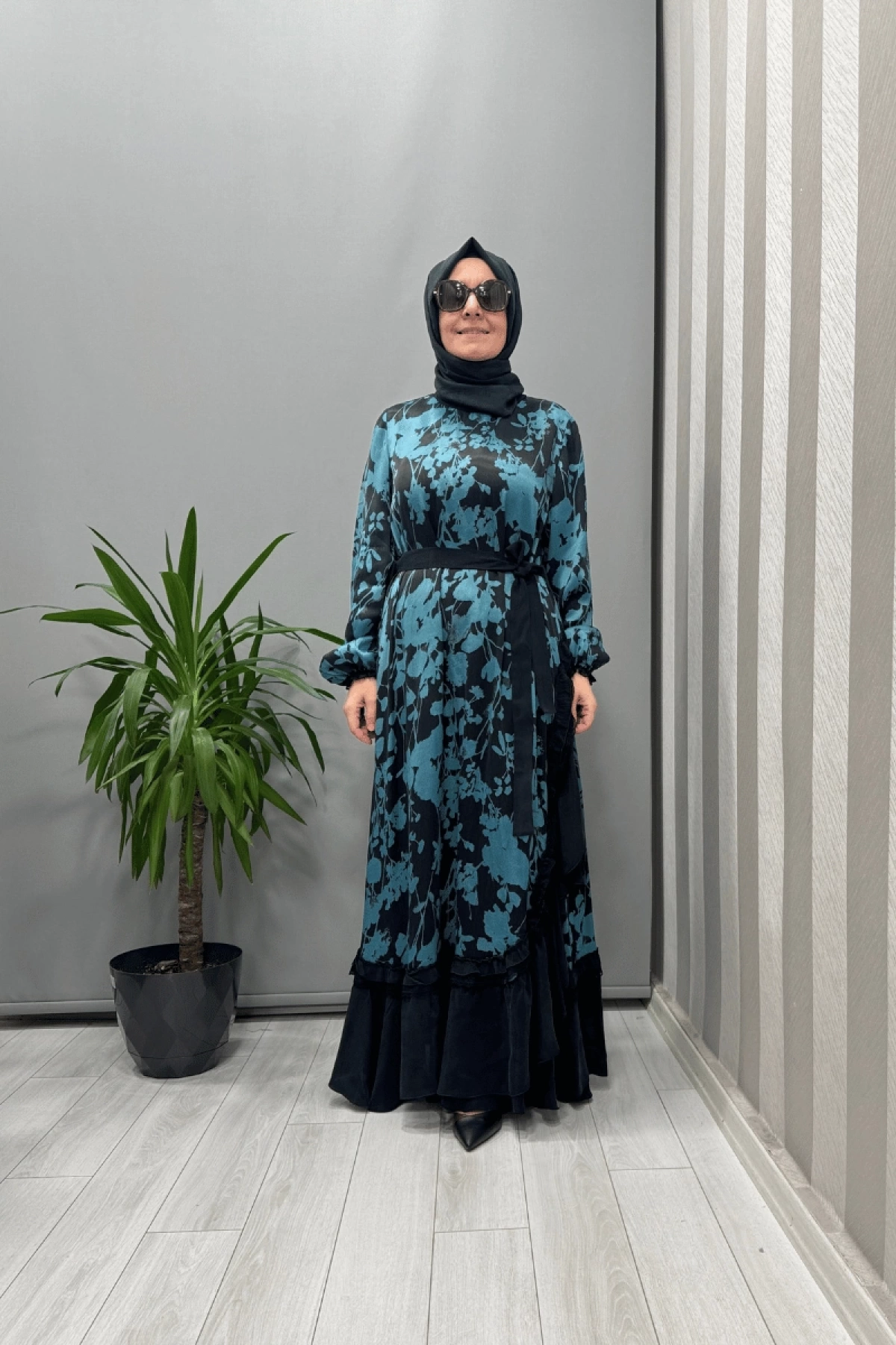 Misswhence Desenli Cupra İpek Elbise Turkuaz 37832