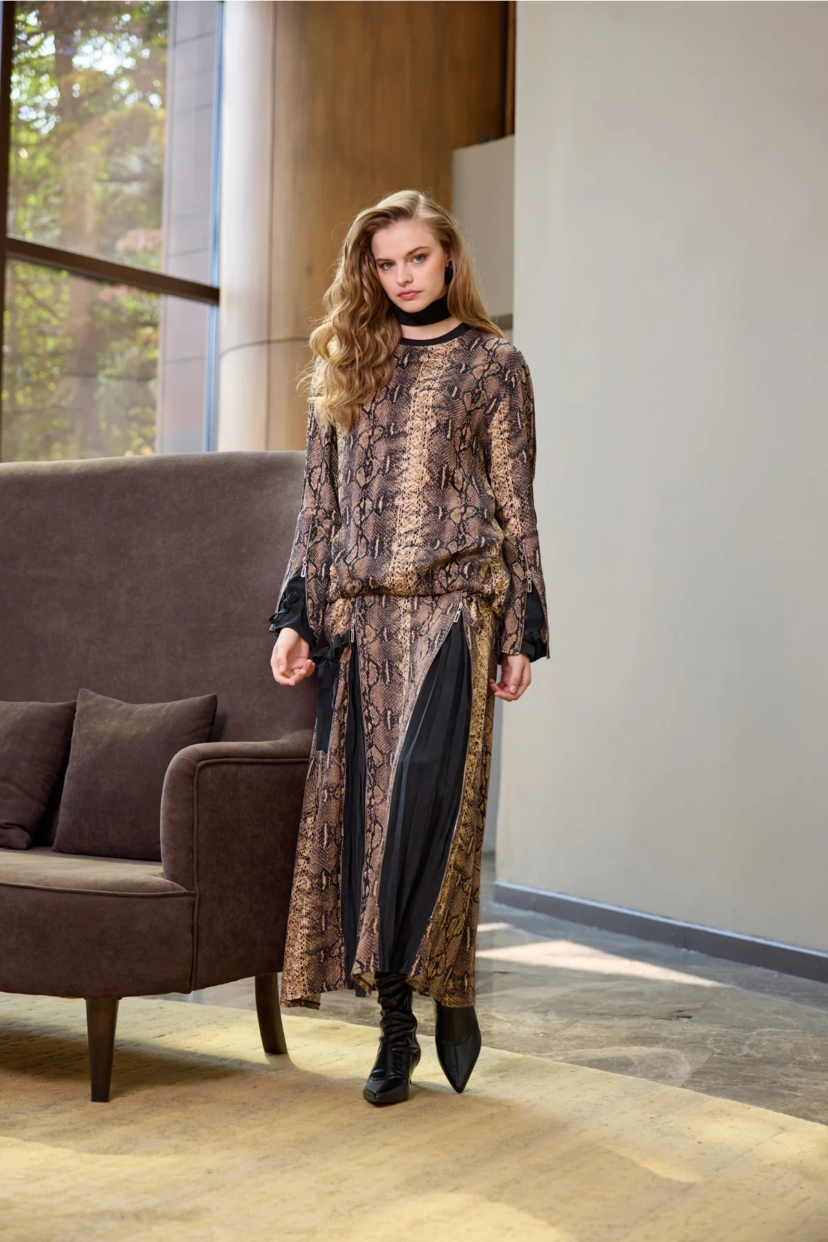 Misswhence Desenli Etek Takım Desenli Siyah 38003