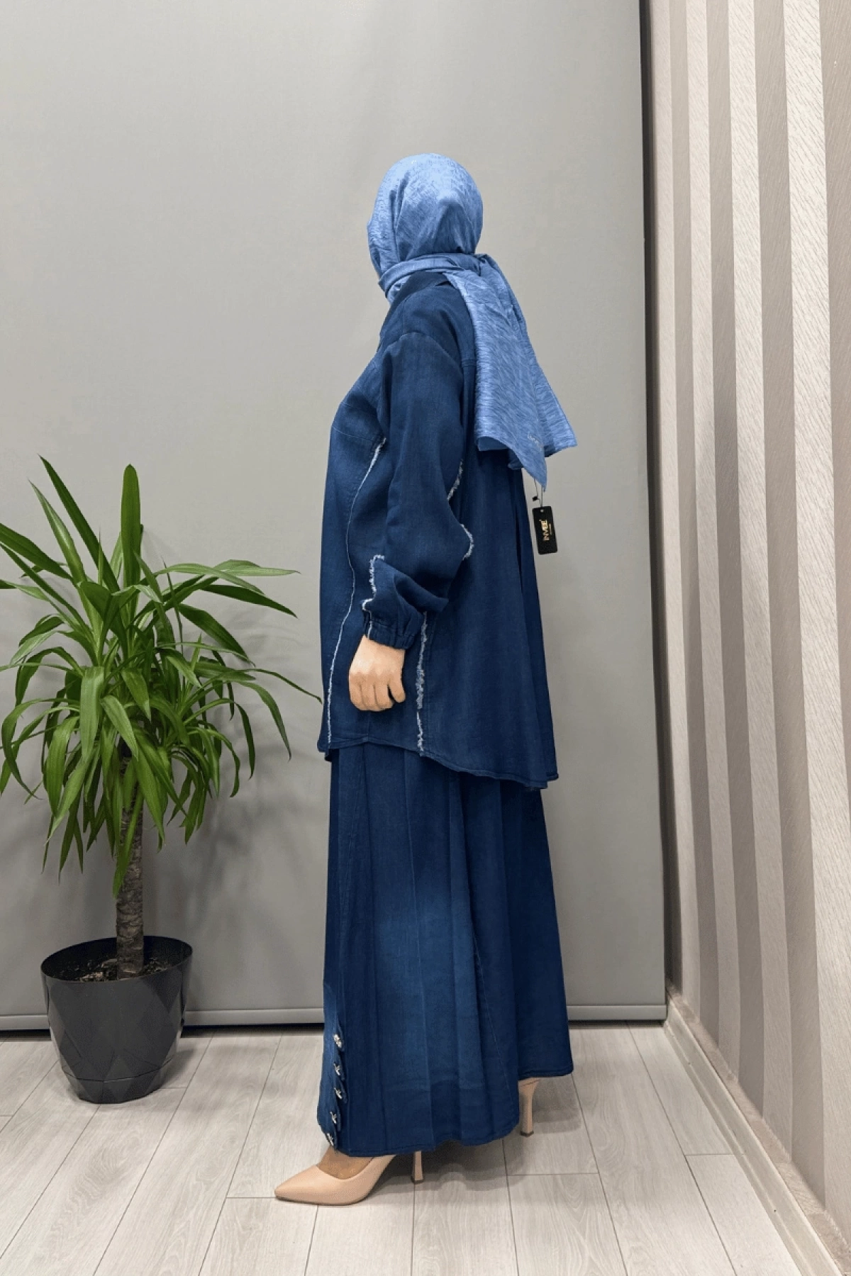 Misswhence Düğme Detaylı Kot Etek Takım Lacivert 37304