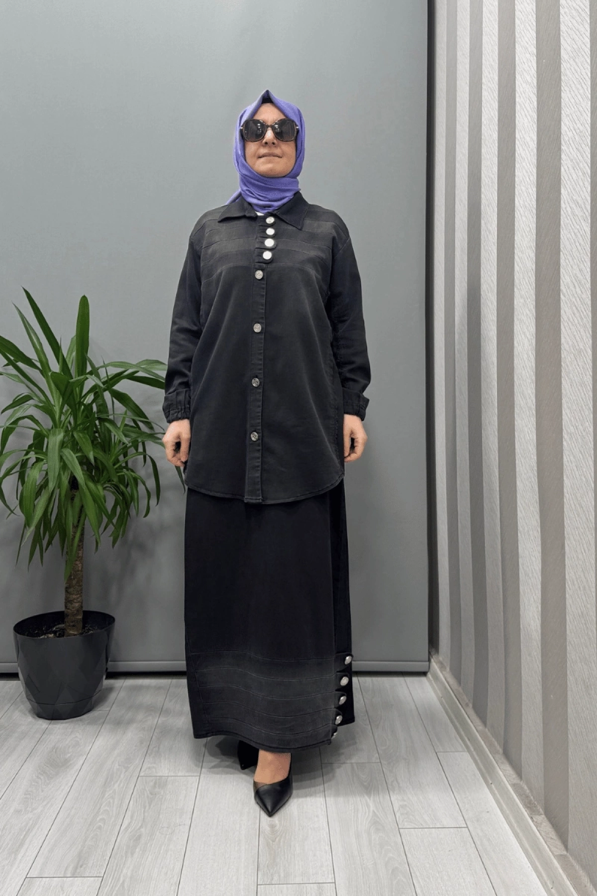 Misswhence Düğme Detaylı Kot Etek Takım Siyah 37304
