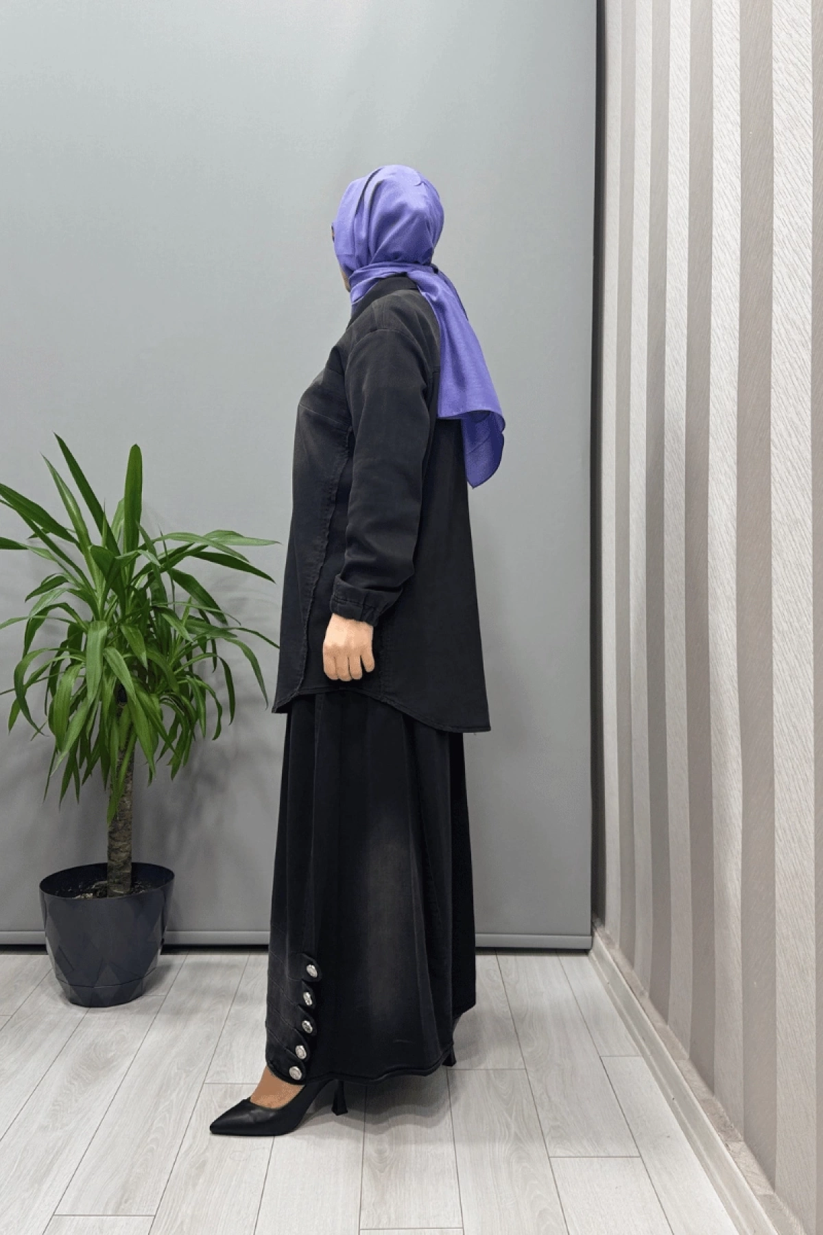 Misswhence Düğme Detaylı Kot Etek Takım Siyah 37304