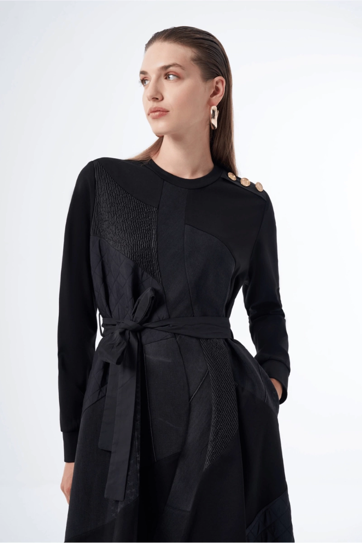 Misswhence Düğme Detaylı Patchwork Elbise Siyah 36804