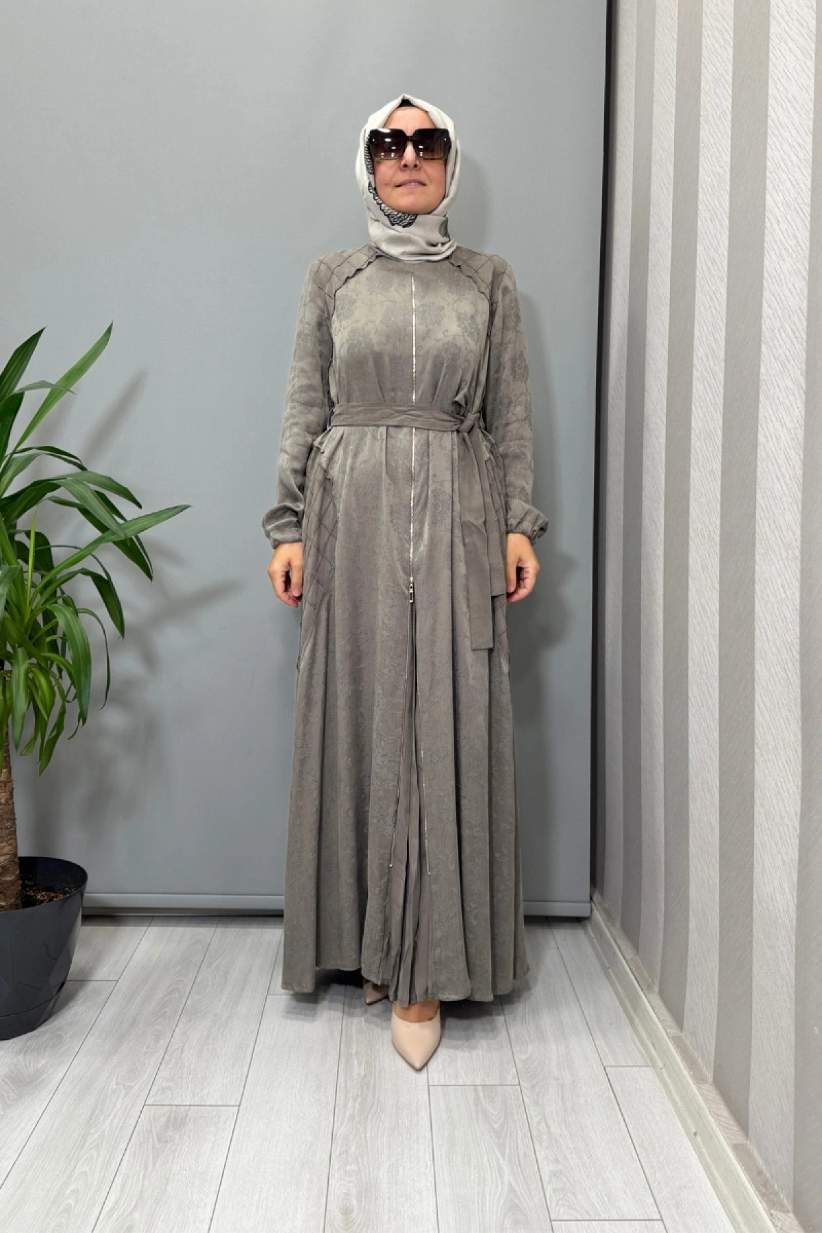 Misswhence Fermuar Detaylı Jakarlı Cupra İpek Elbise Gri 38835