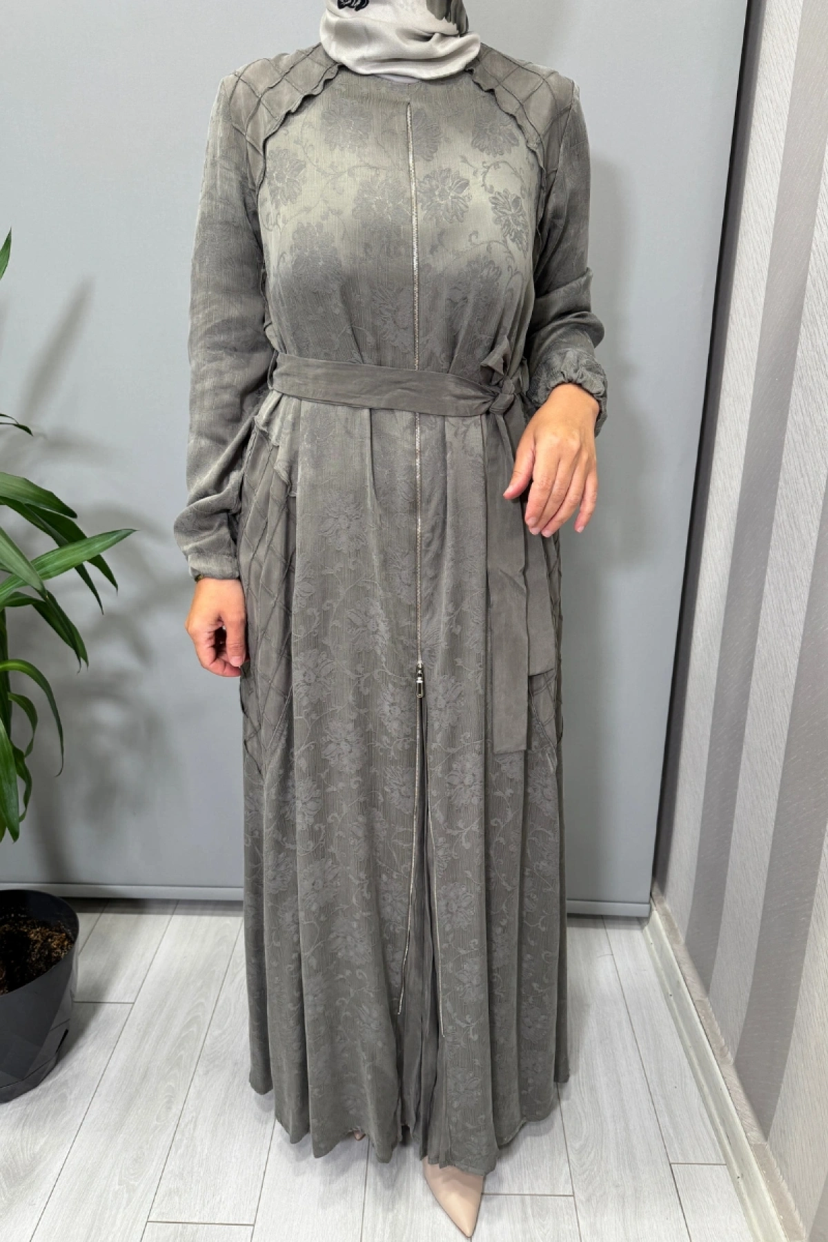 Misswhence Fermuar Detaylı Jakarlı Cupra İpek Elbise Gri 38835