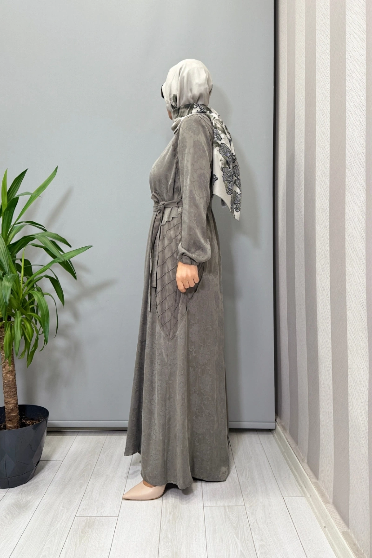 Misswhence Fermuar Detaylı Jakarlı Cupra İpek Elbise Gri 38835