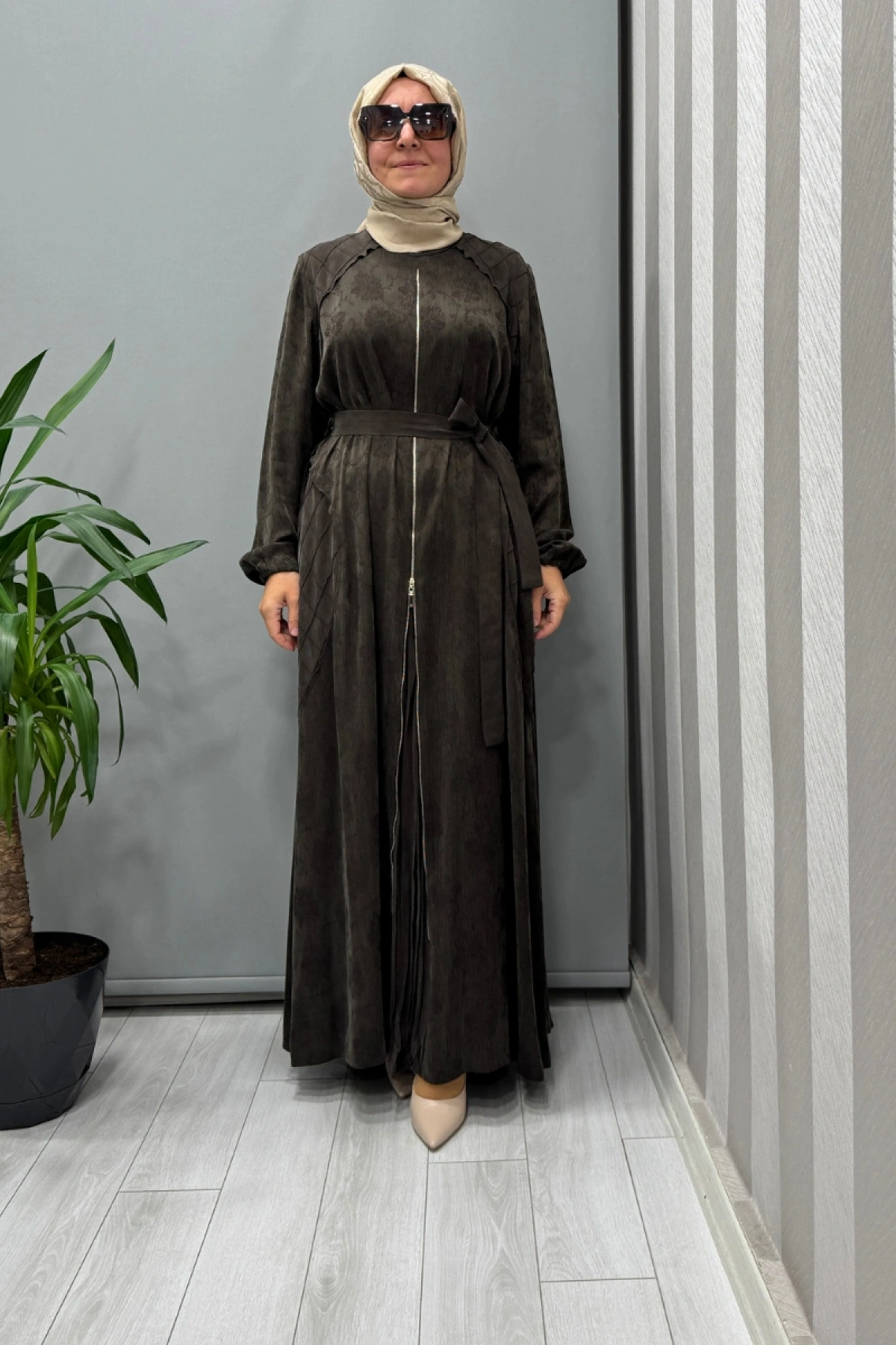 Misswhence Fermuar Detaylı Jakarlı Cupra İpek Elbise Kahve 38835