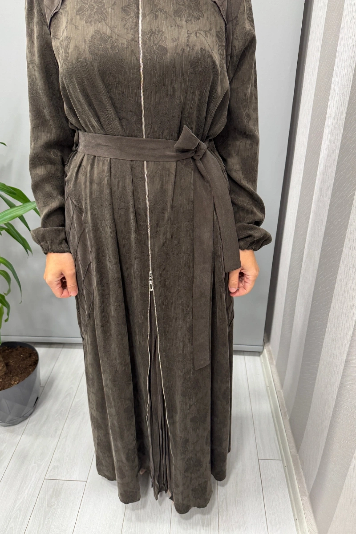 Misswhence Fermuar Detaylı Jakarlı Cupra İpek Elbise Kahve 38835