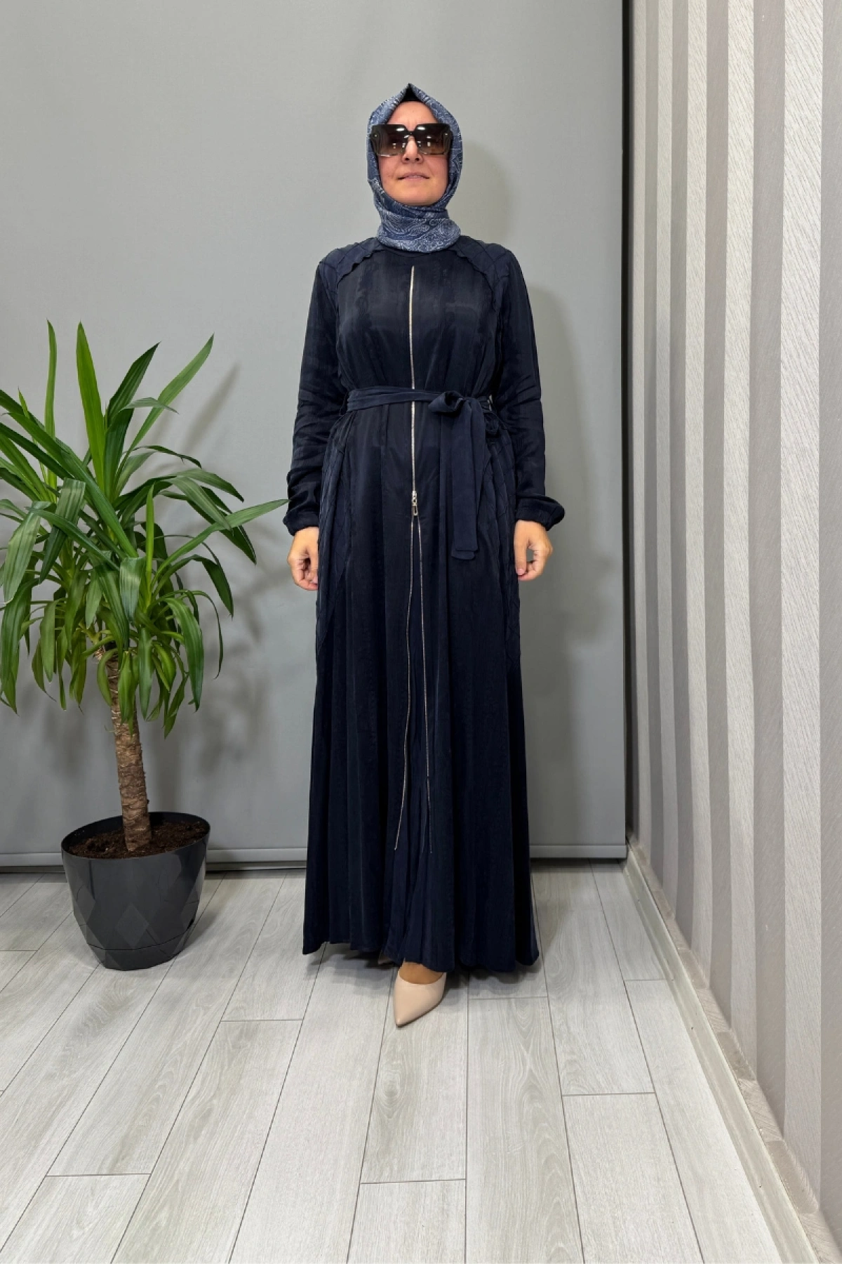 Misswhence Fermuar Detaylı Jakarlı Cupra İpek Elbise Lacivert 38835