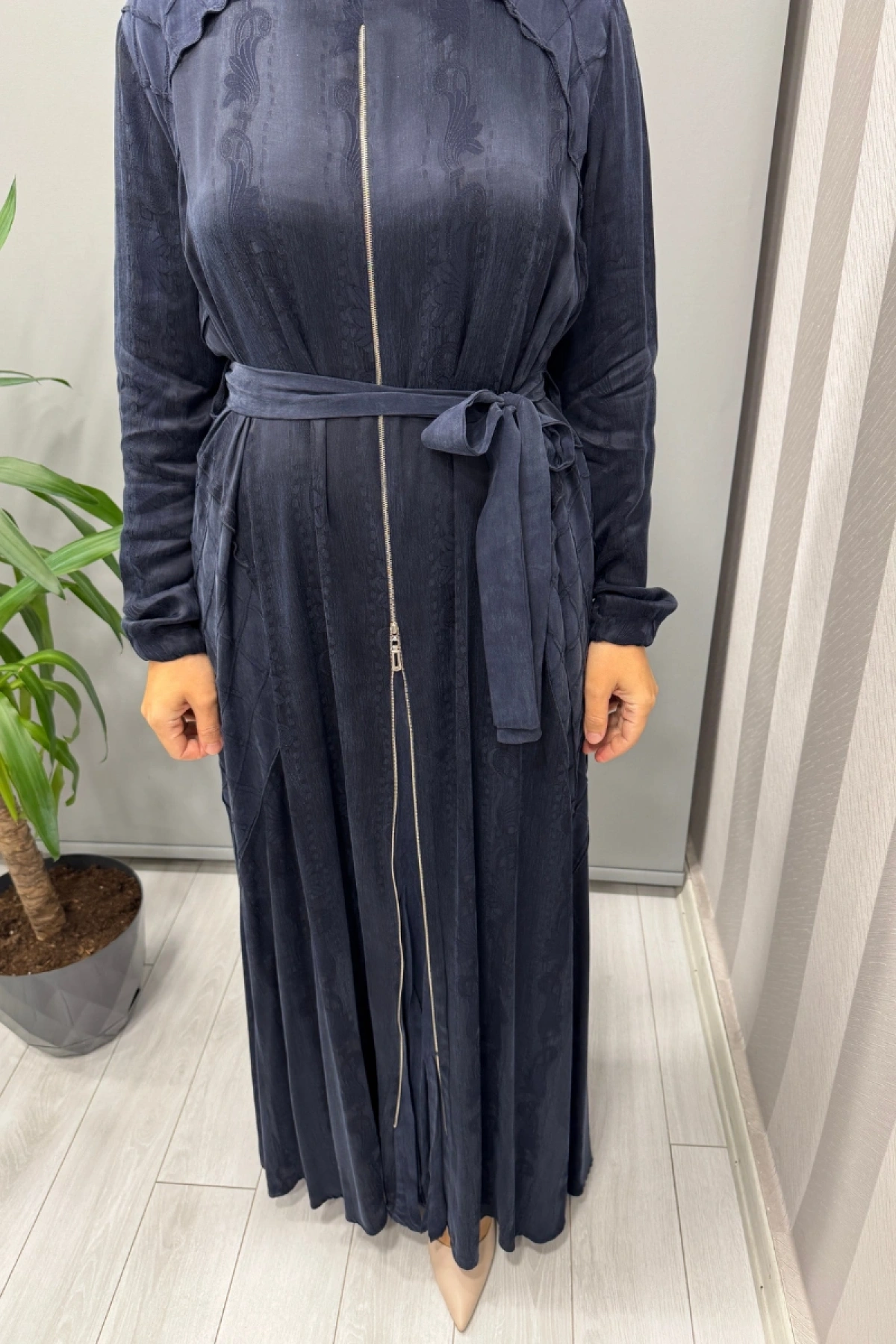 Misswhence Fermuar Detaylı Jakarlı Cupra İpek Elbise Lacivert 38835