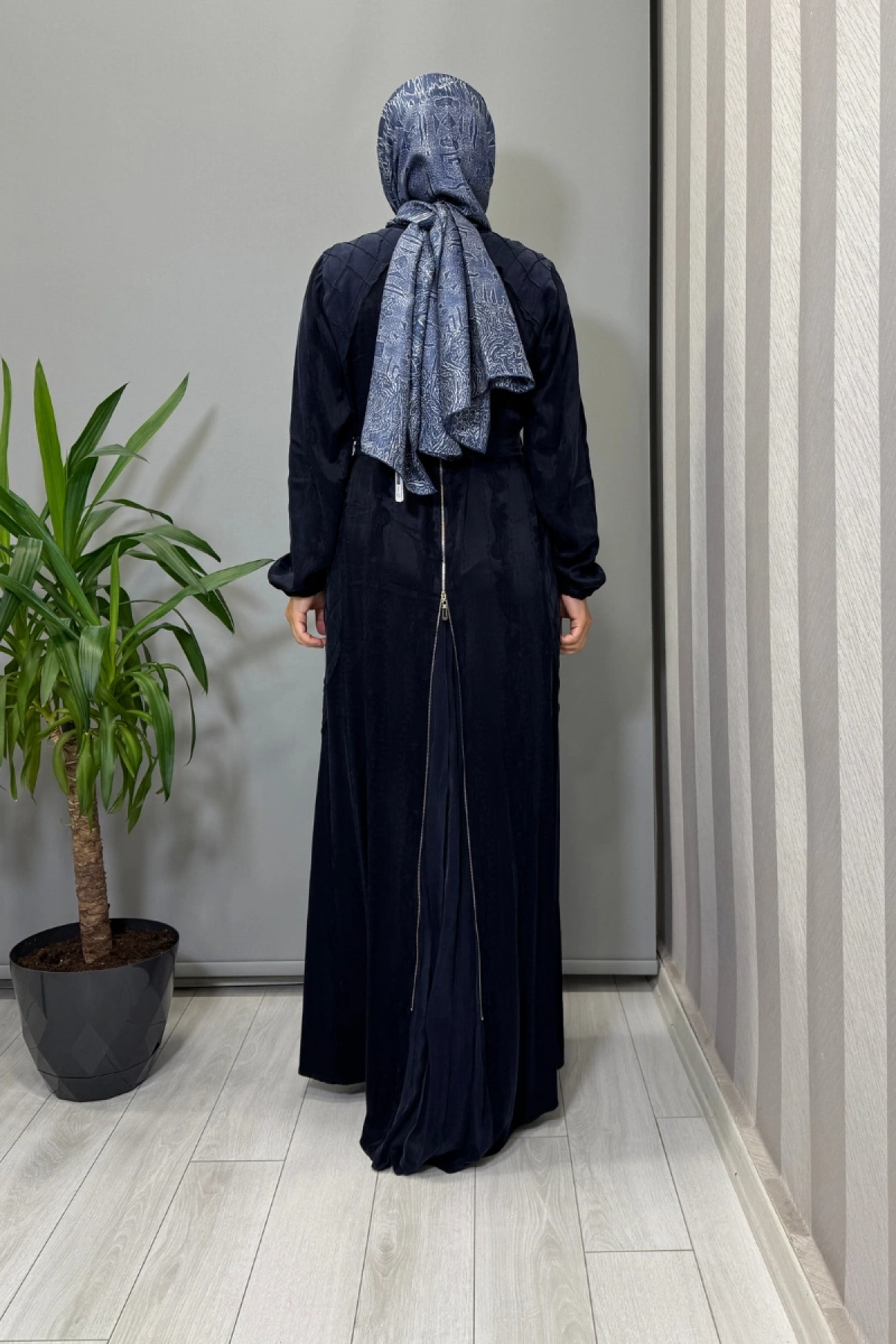 Misswhence Fermuar Detaylı Jakarlı Cupra İpek Elbise Lacivert 38835