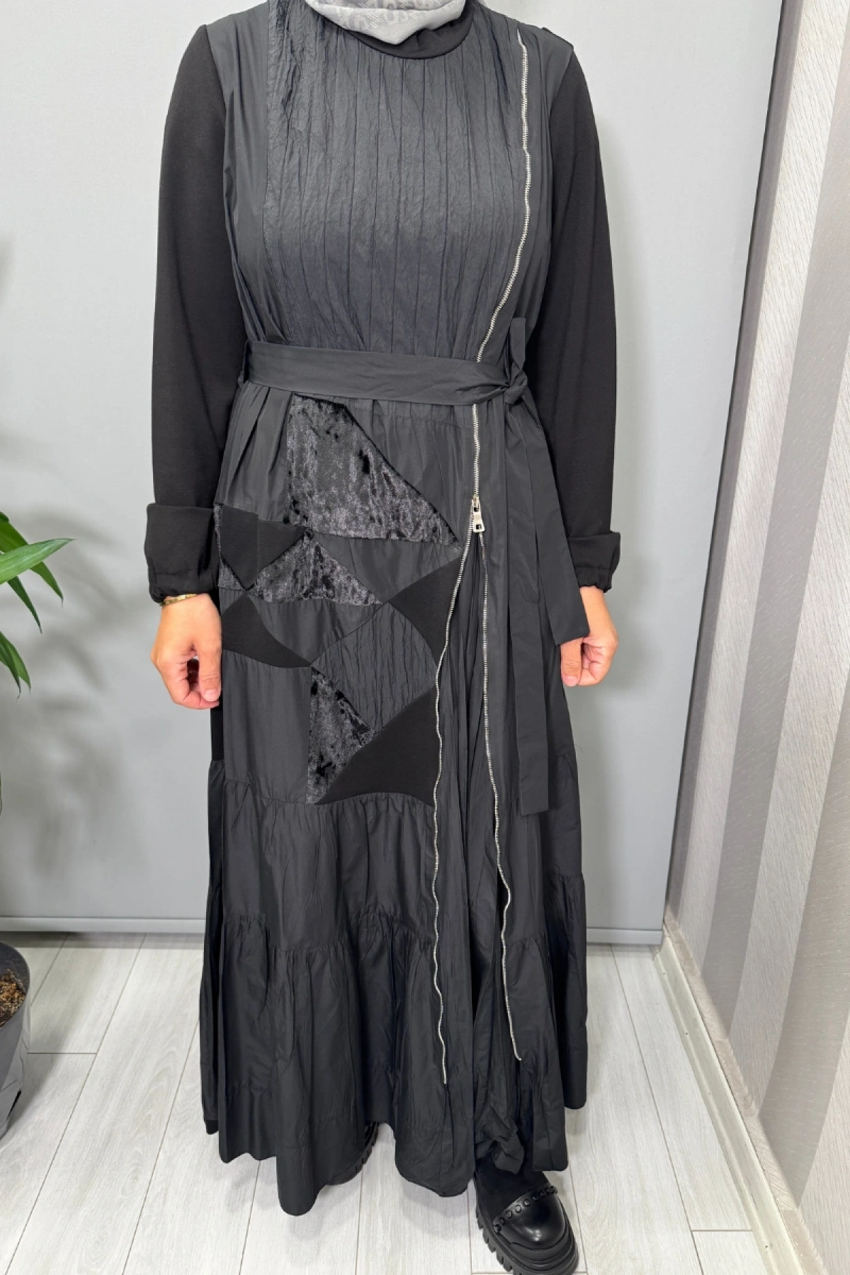 Misswhence Fermuar Detaylı Patchwork Elbise Siyah 38813