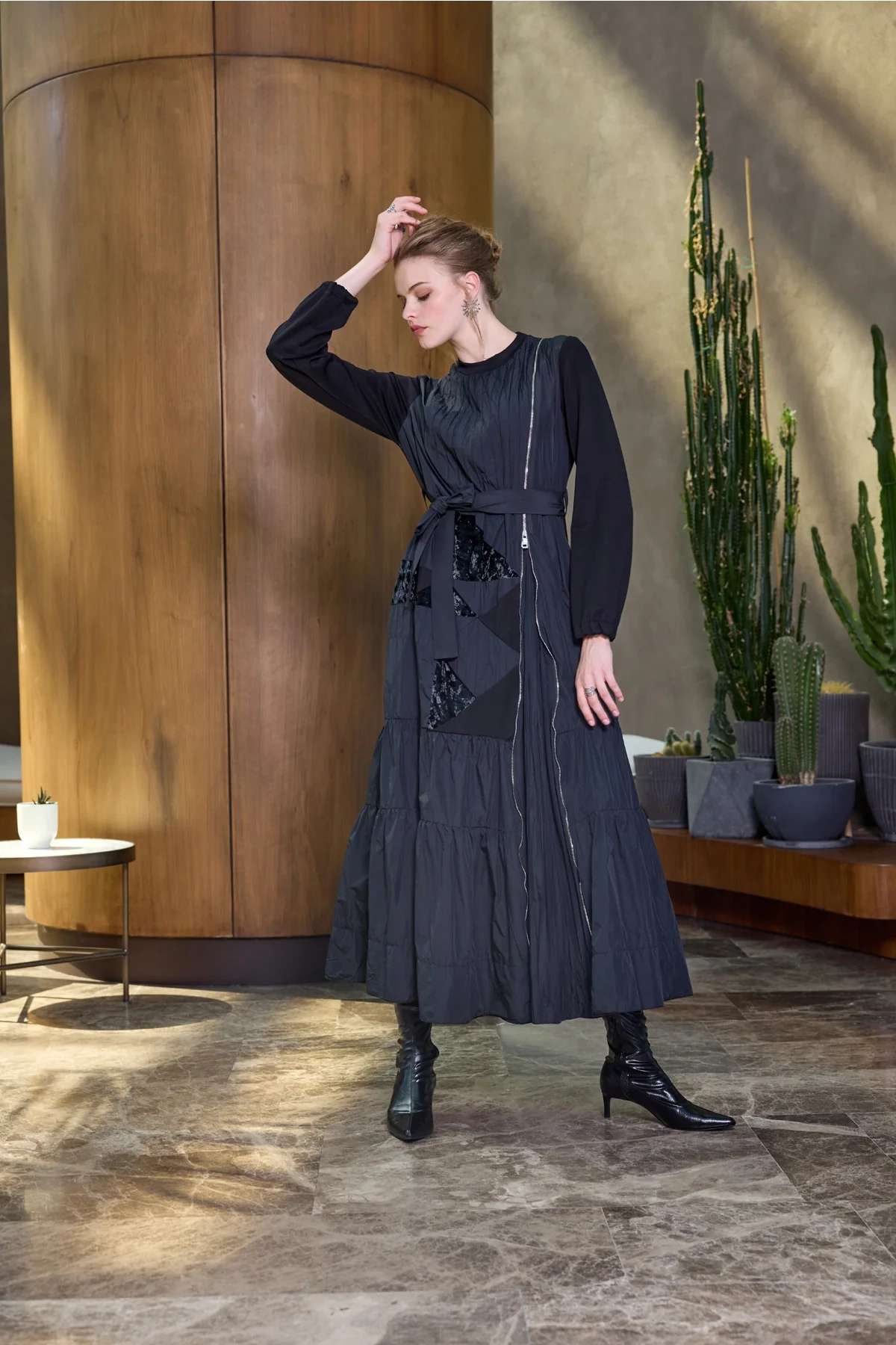 Misswhence Fermuar Detaylı Patchwork Elbise Siyah 38813