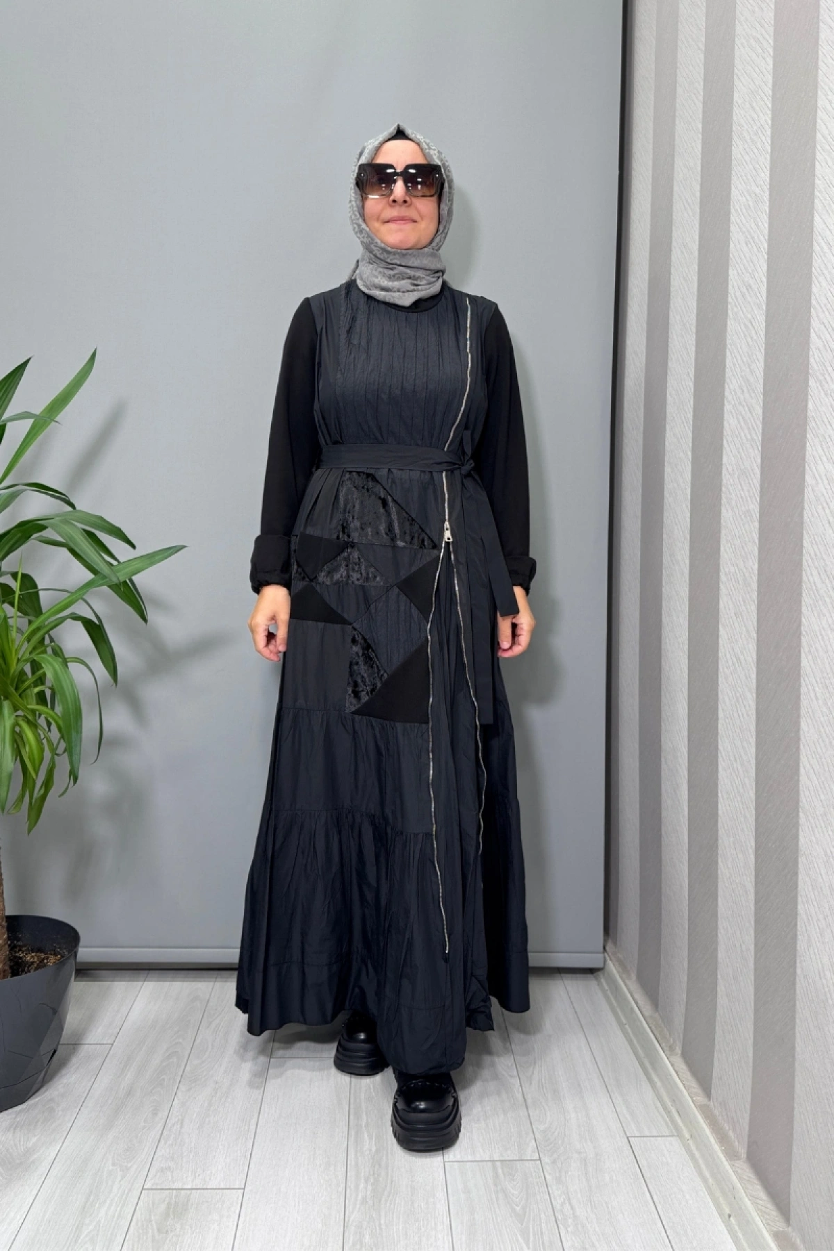 Misswhence Fermuar Detaylı Patchwork Elbise Siyah 38813