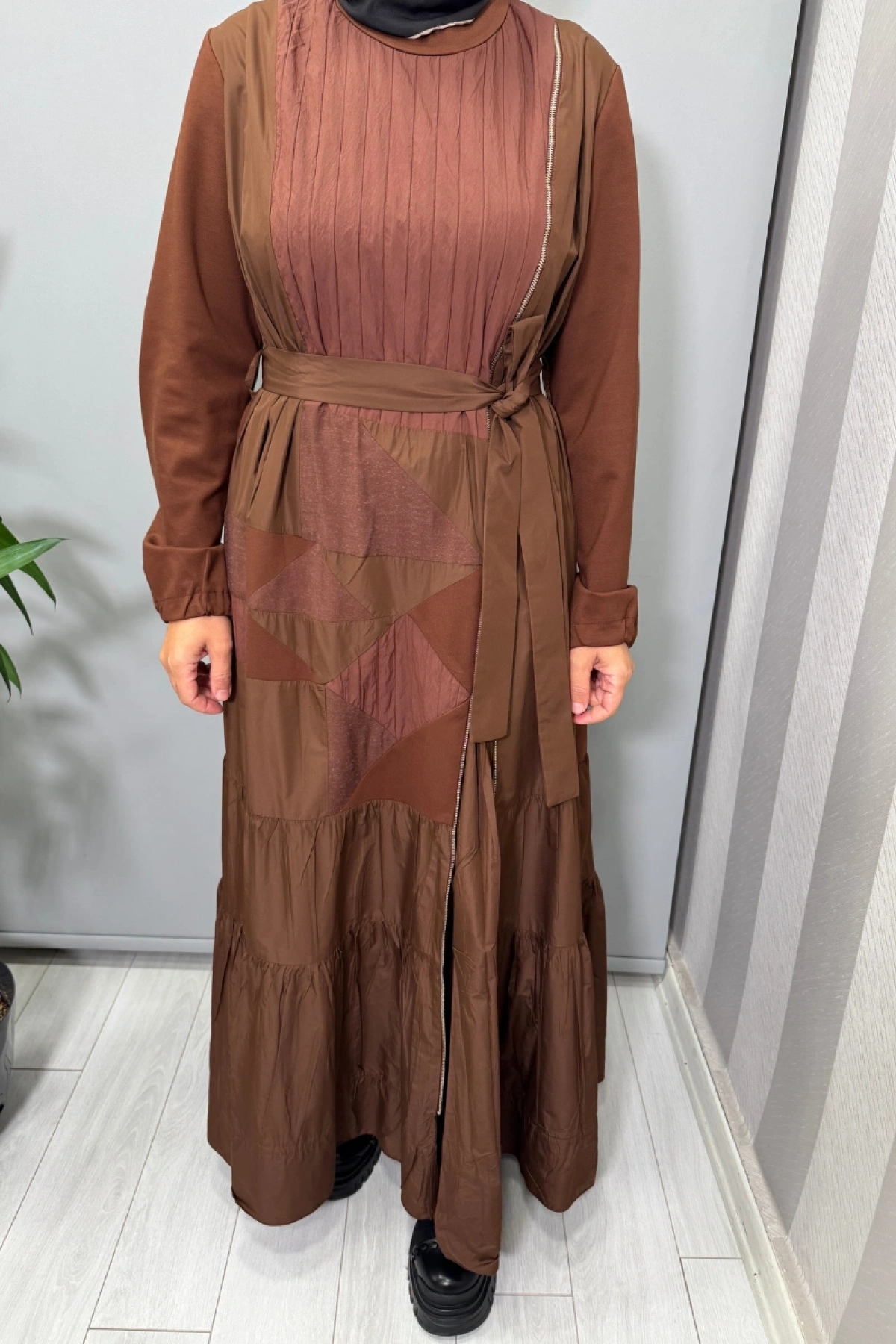 Misswhence Fermuar Detaylı Patchwork Elbise Taba 38813