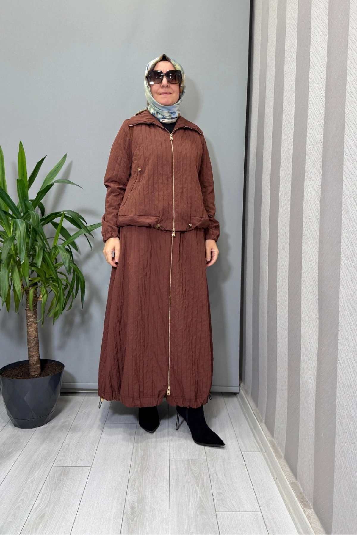 Misswhence Fermuar Detaylı Tafta Ceket Etek Takım Kiremit 38216