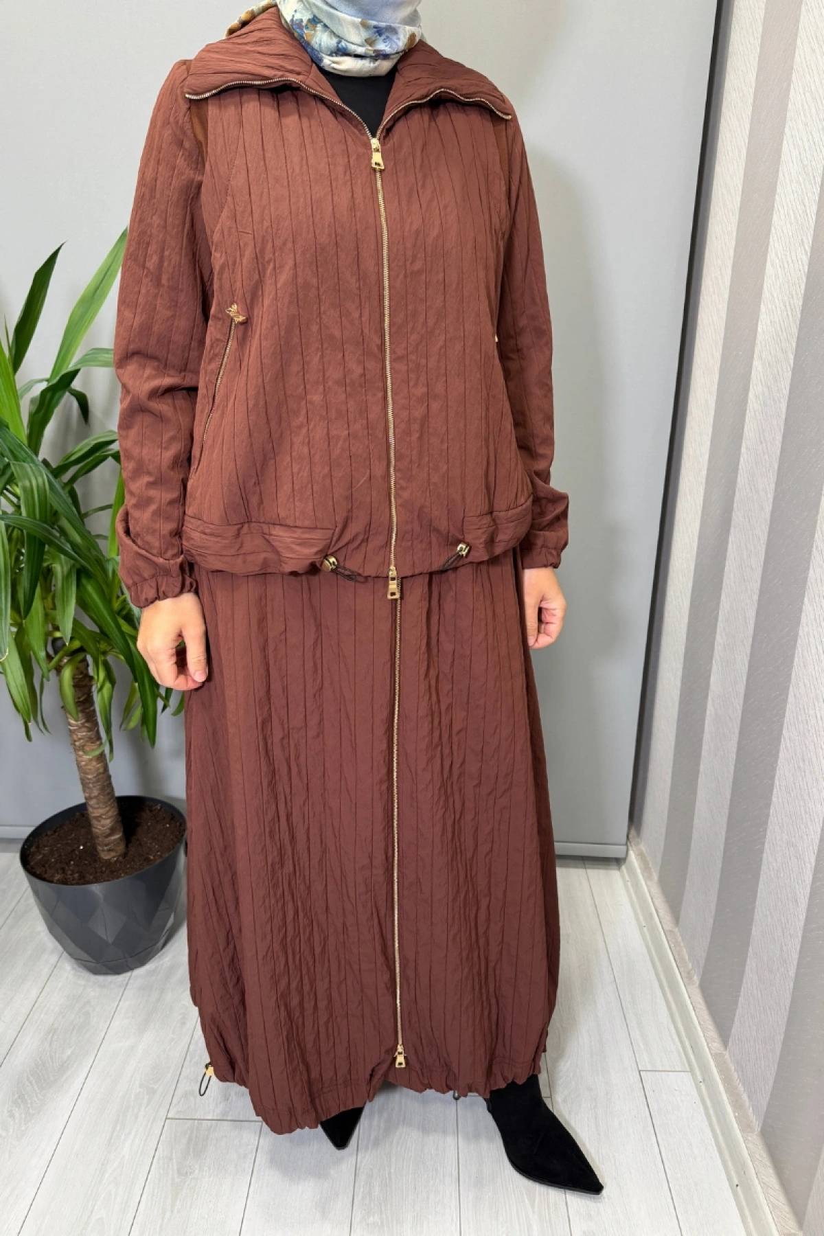 Misswhence Fermuar Detaylı Tafta Ceket Etek Takım Kiremit 38216