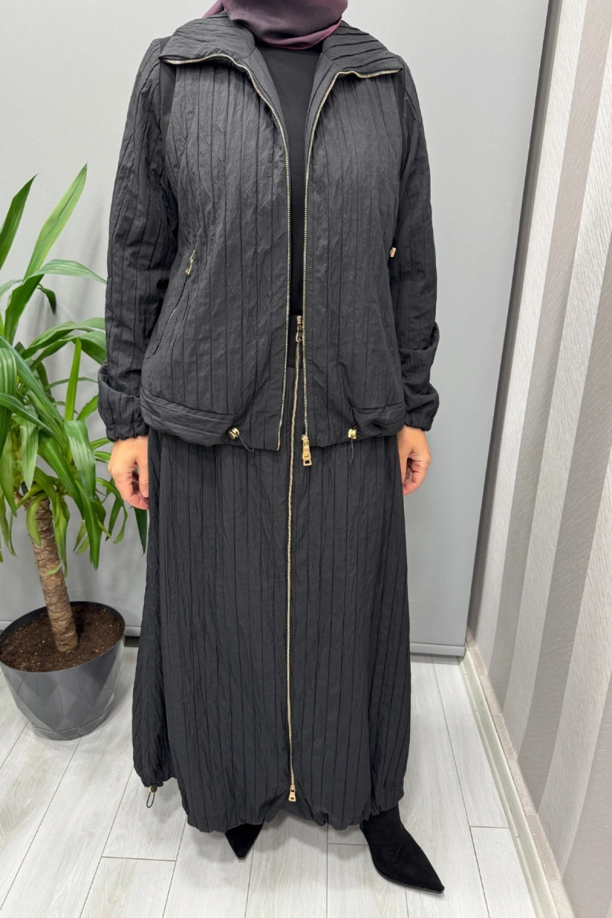 Misswhence Fermuar Detaylı Tafta Ceket Etek Takım Siyah 38216