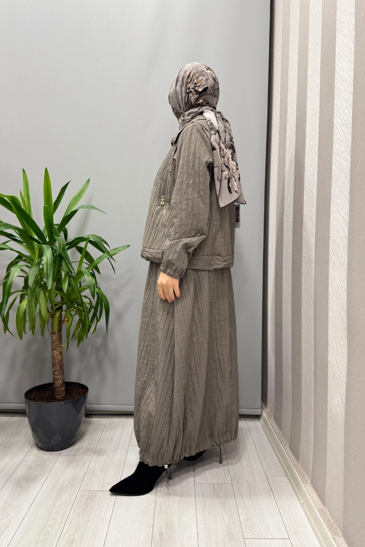 Misswhence Fermuar Detaylı Tafta Ceket Etek Takım Vizon 38216