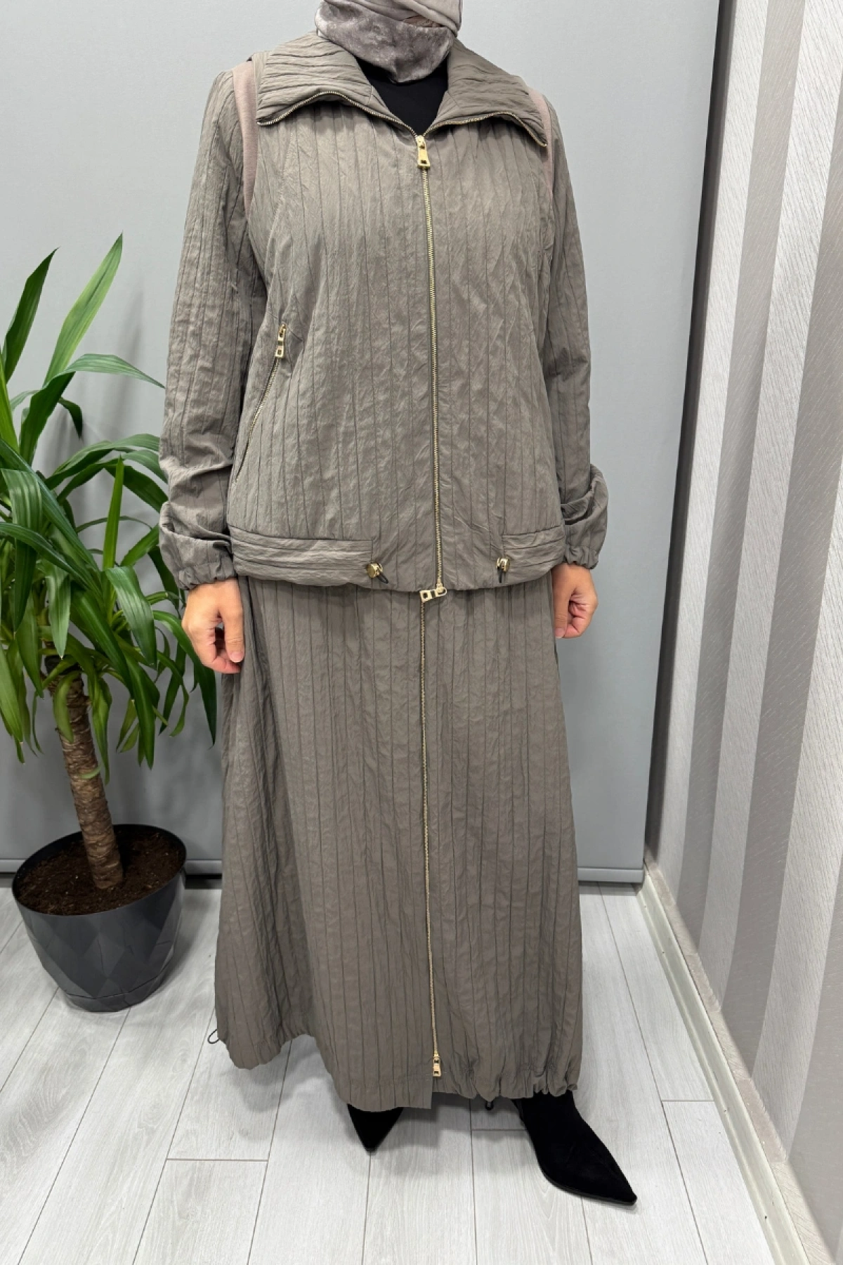 Misswhence Fermuar Detaylı Tafta Ceket Etek Takım Vizon 38216