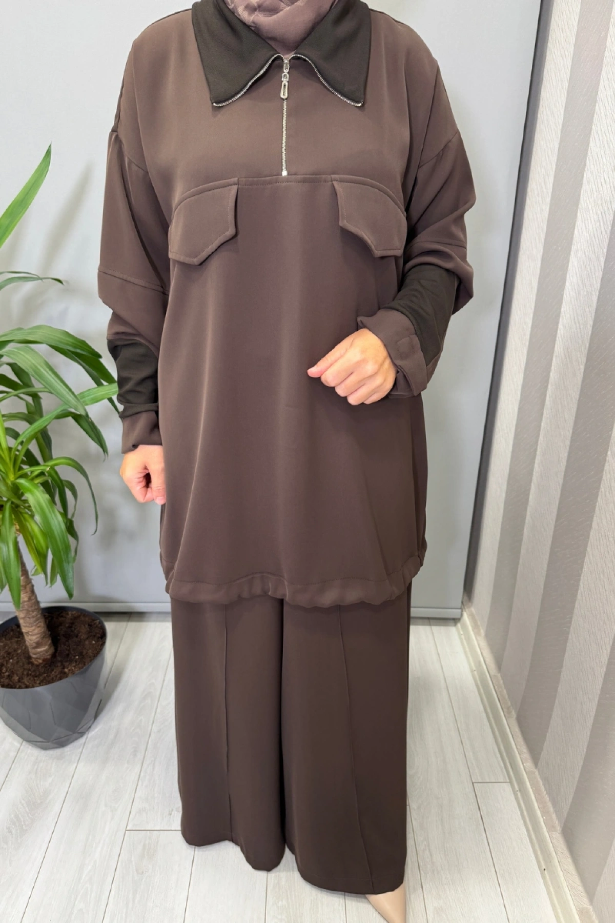 Misswhence Fermuar Yakalı Tunik Pantolon Takım Kahve 38008