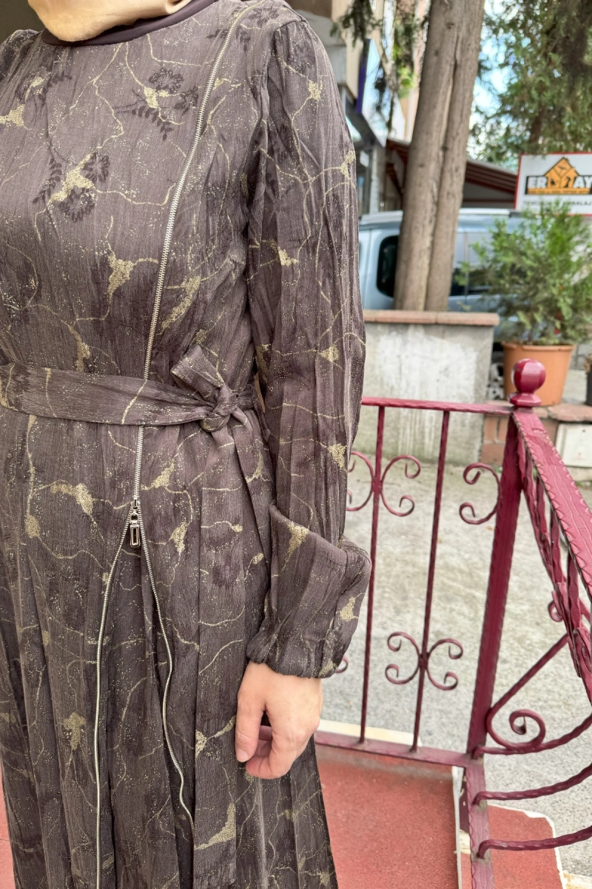 MissWhence Fermuarlı İpek Elbise Kahve 36802