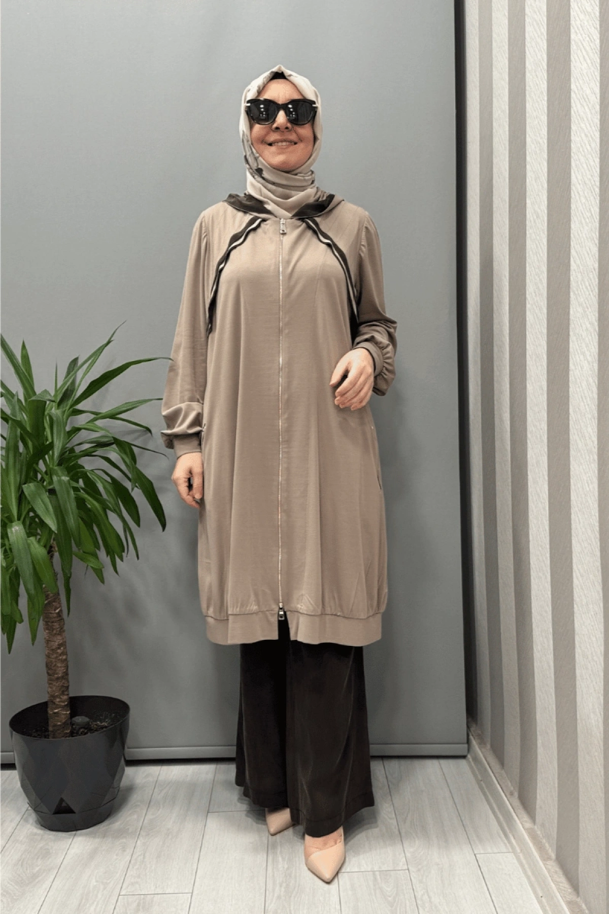 Misswhence Fermuarlı Kapüşonlu Penye Kap/Ceket Vizon 37415