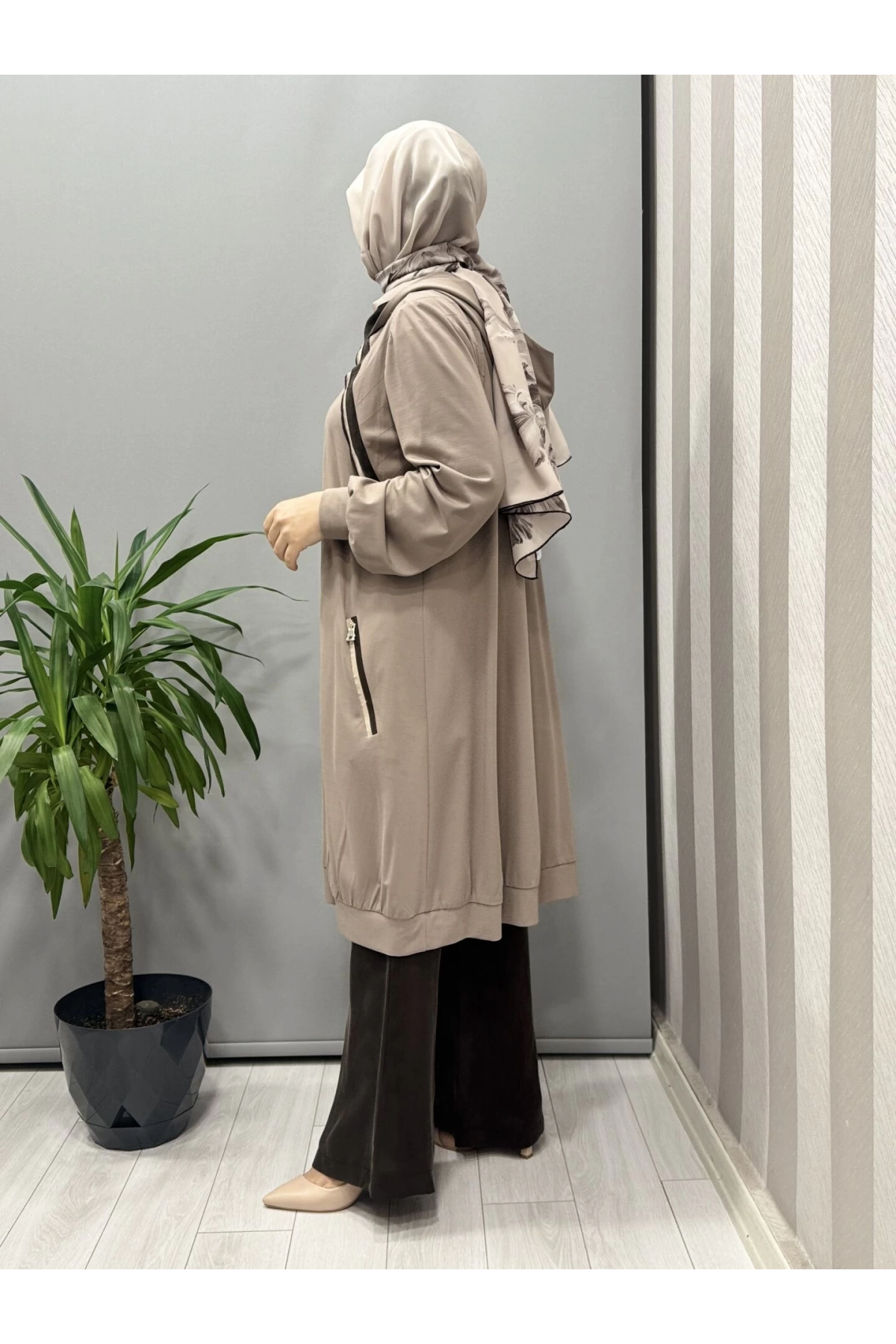 Misswhence Fermuarlı Kapüşonlu Penye Kap/Ceket Vizon 37415