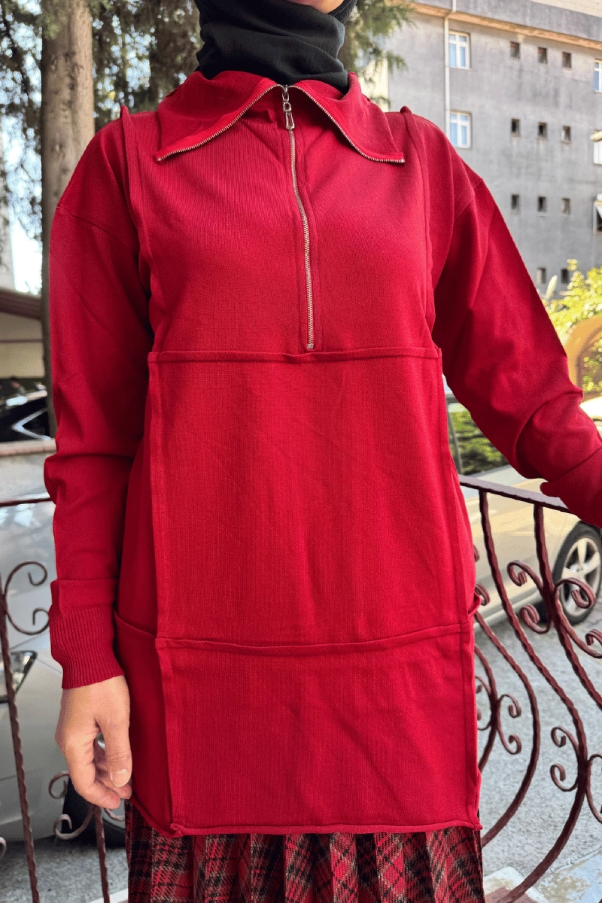 MissWhence Fermuarlı Triko Tunik Kırmızı 36013