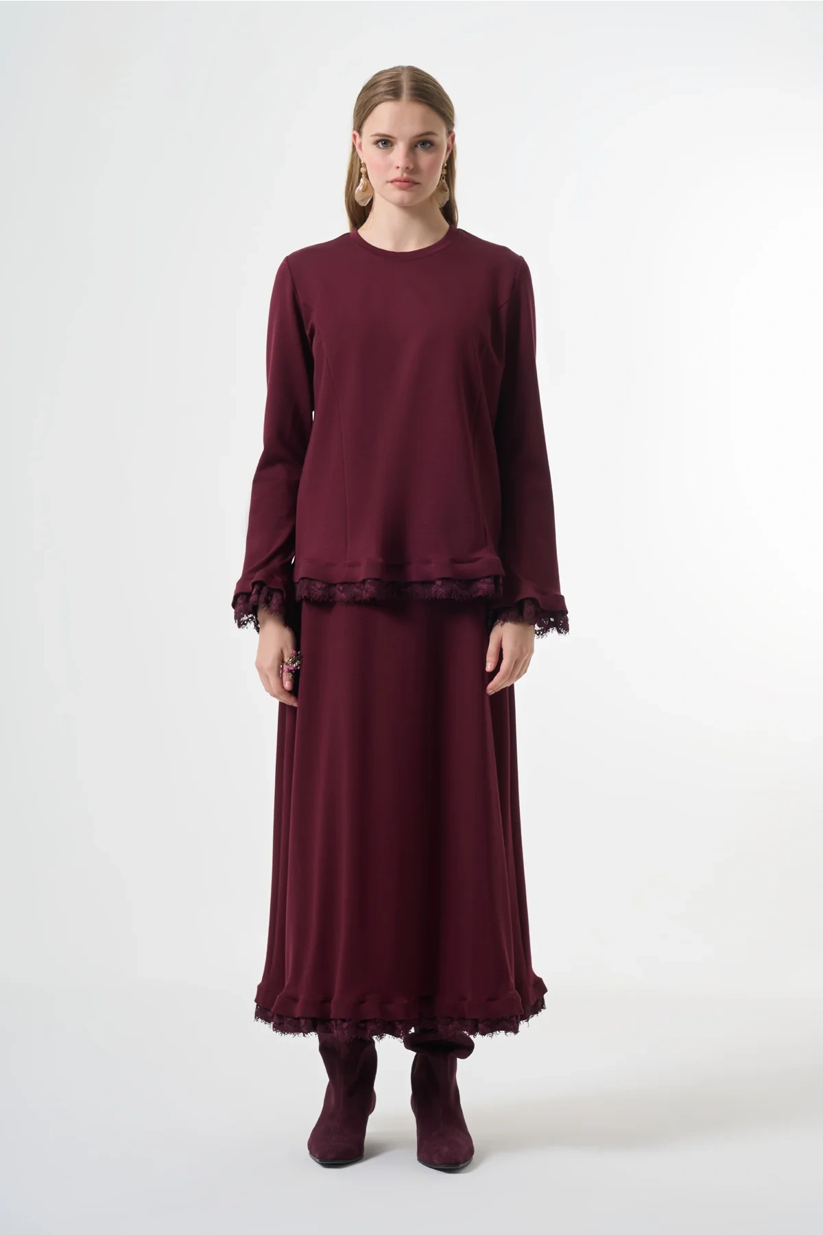 Misswhence Güpür Detaylı Etek Takım Bordo 38004