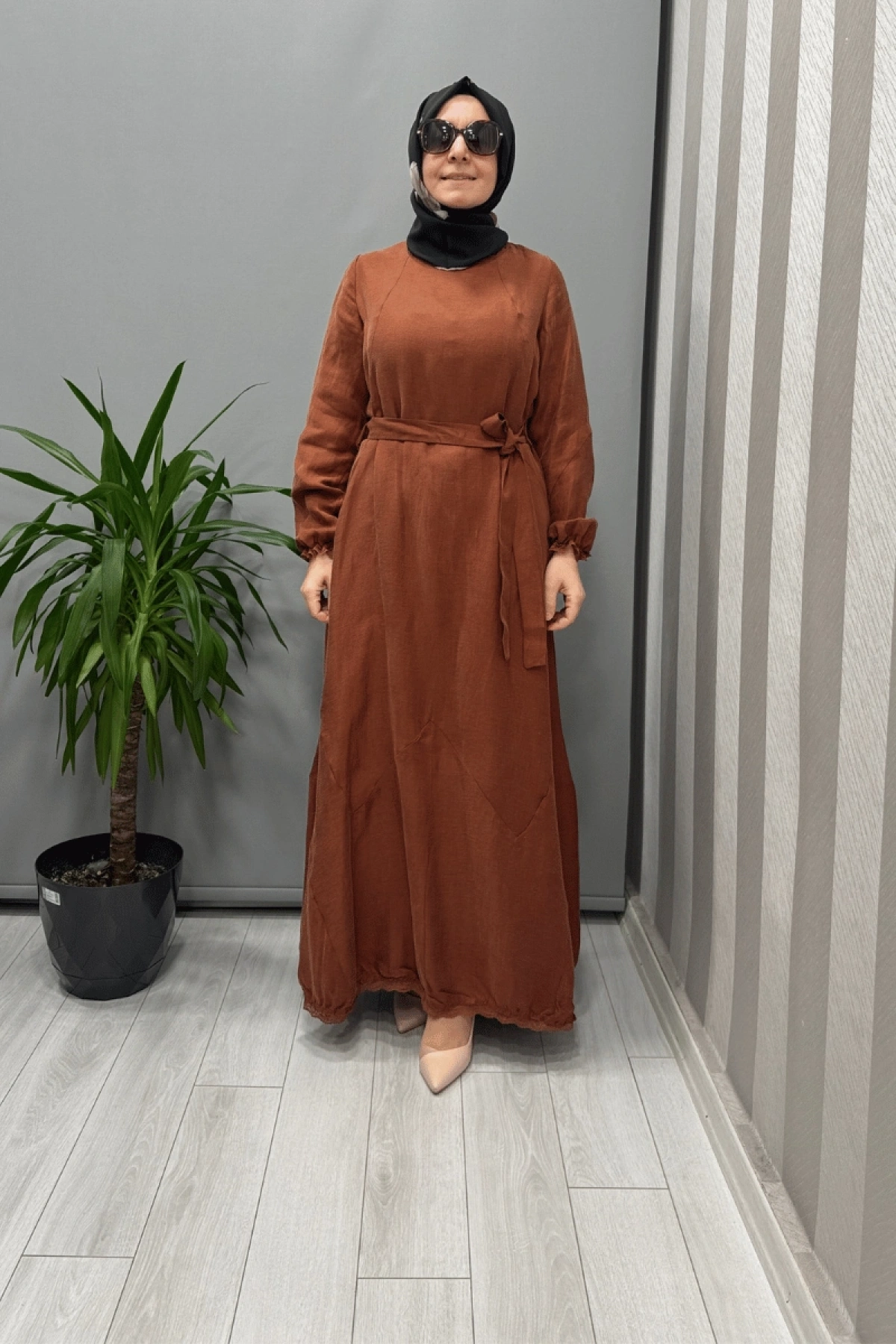 Misswhence Güpür Detaylı İpek Keten Elbise Turuncu 37831