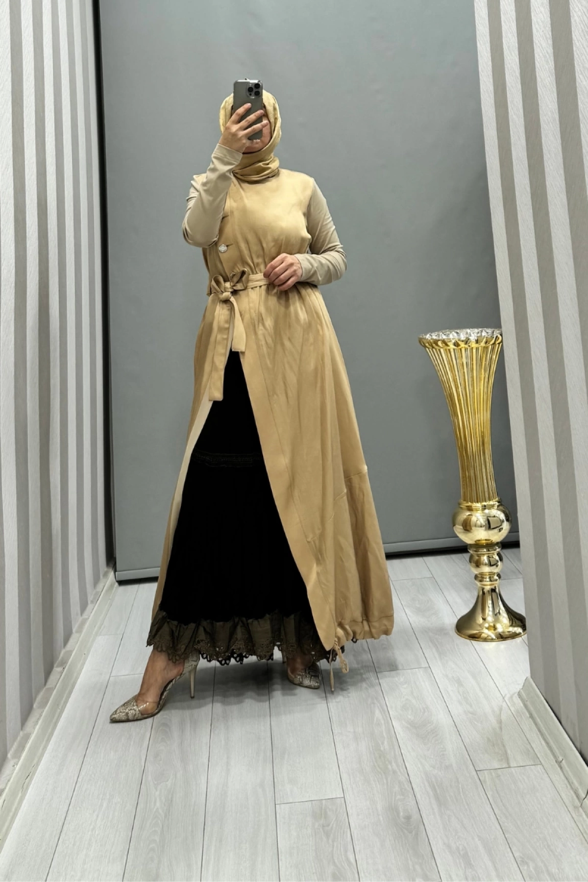 Misswhence İkili Chanel Keten Elbise Camel 35806