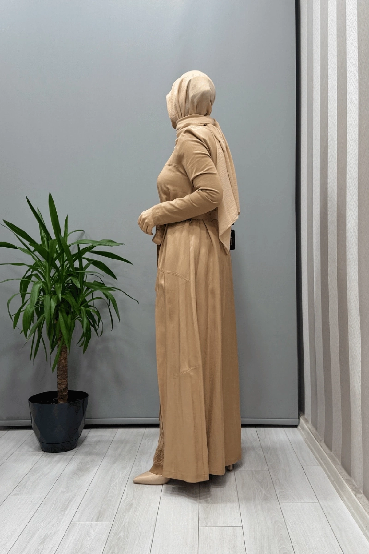 Misswhence İkili Chanel Keten Elbise Camel 37806