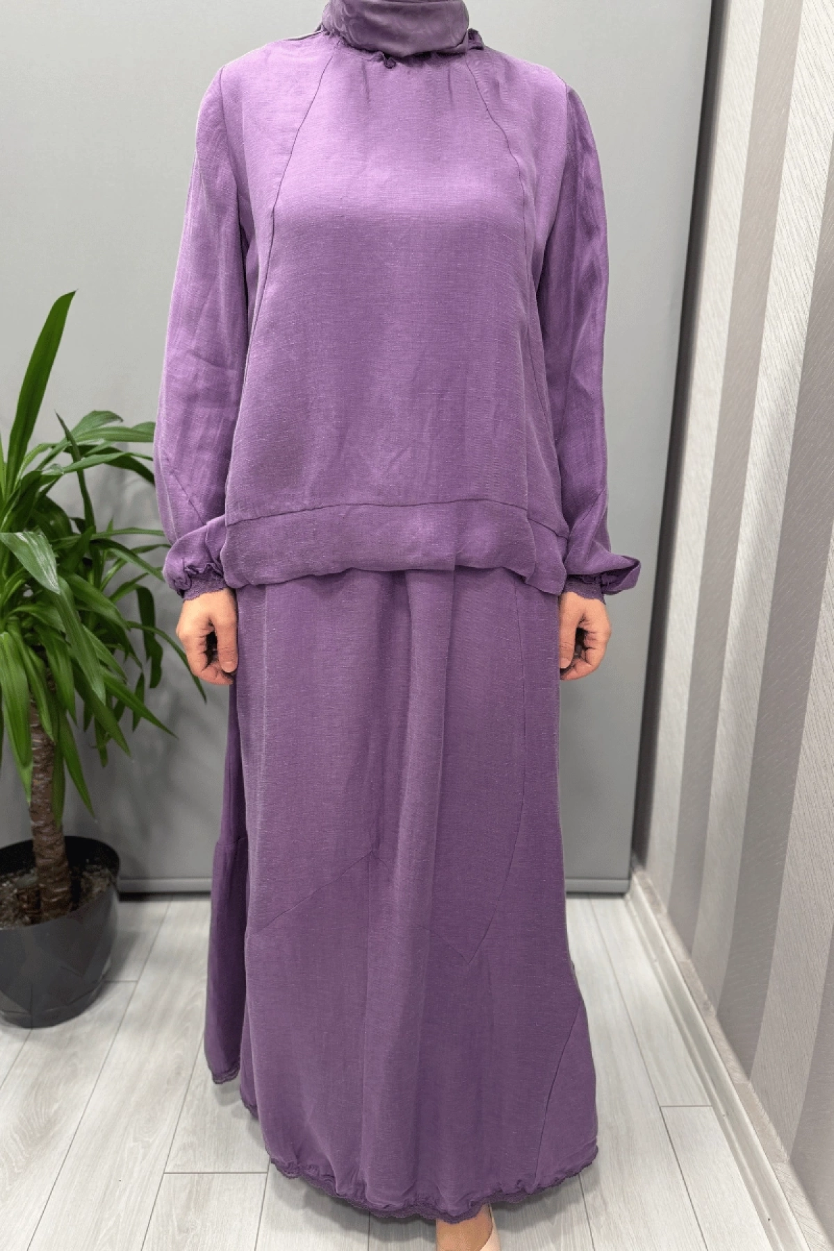 Misswhence İpek Keten Bluz Etek Takım Lila 37000